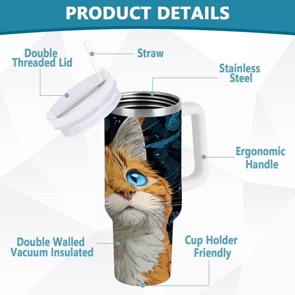 30 oz Insulated Stainless Steel Tumbler Double Wall Stainless Steel Tumbler with 2-Way Drinking Orange Cat with Blue Eyes - JJWJ