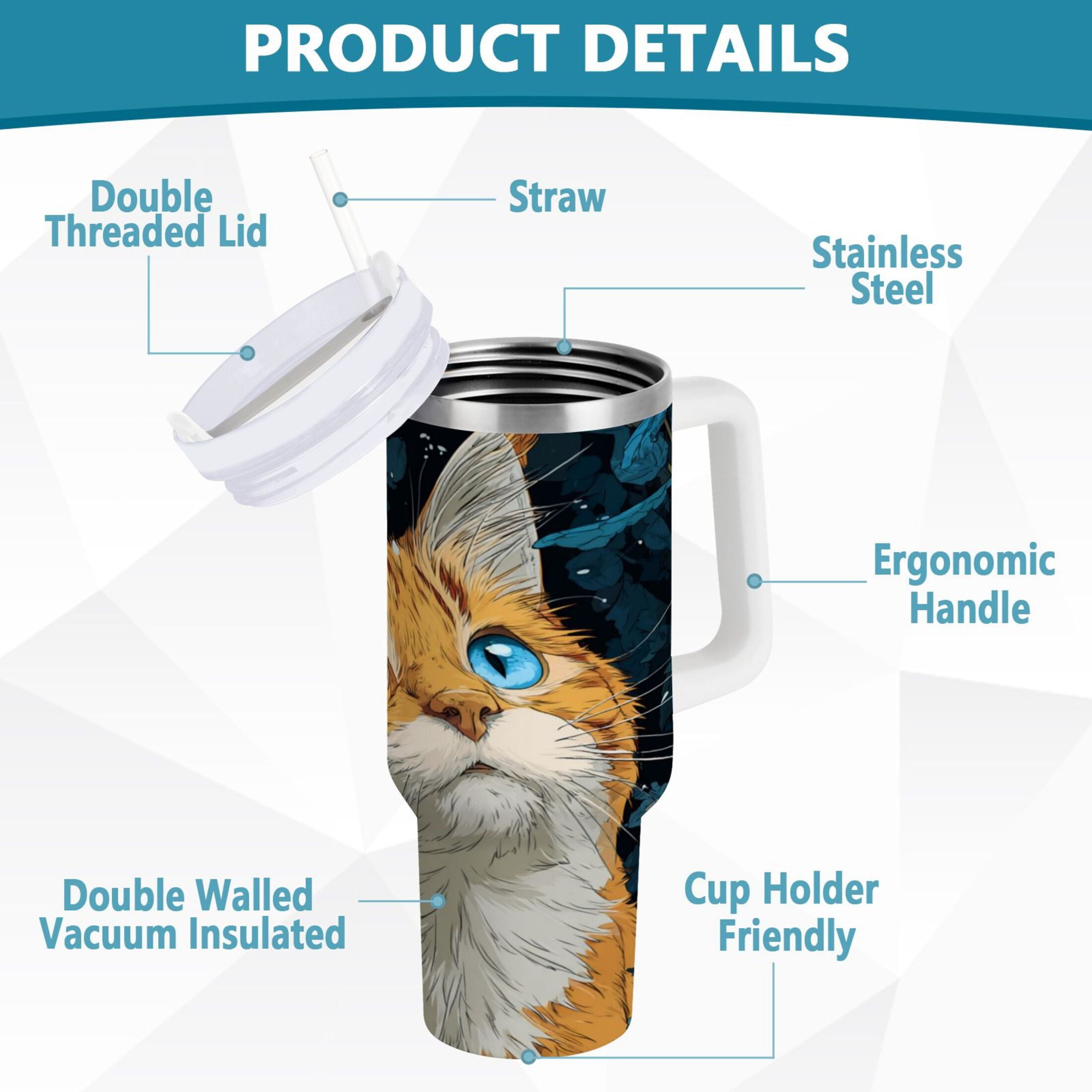 30 oz Insulated Stainless Steel Tumbler Double Wall Stainless Steel Tumbler with 2-Way Drinking Orange Cat with Blue Eyes - JJWJ