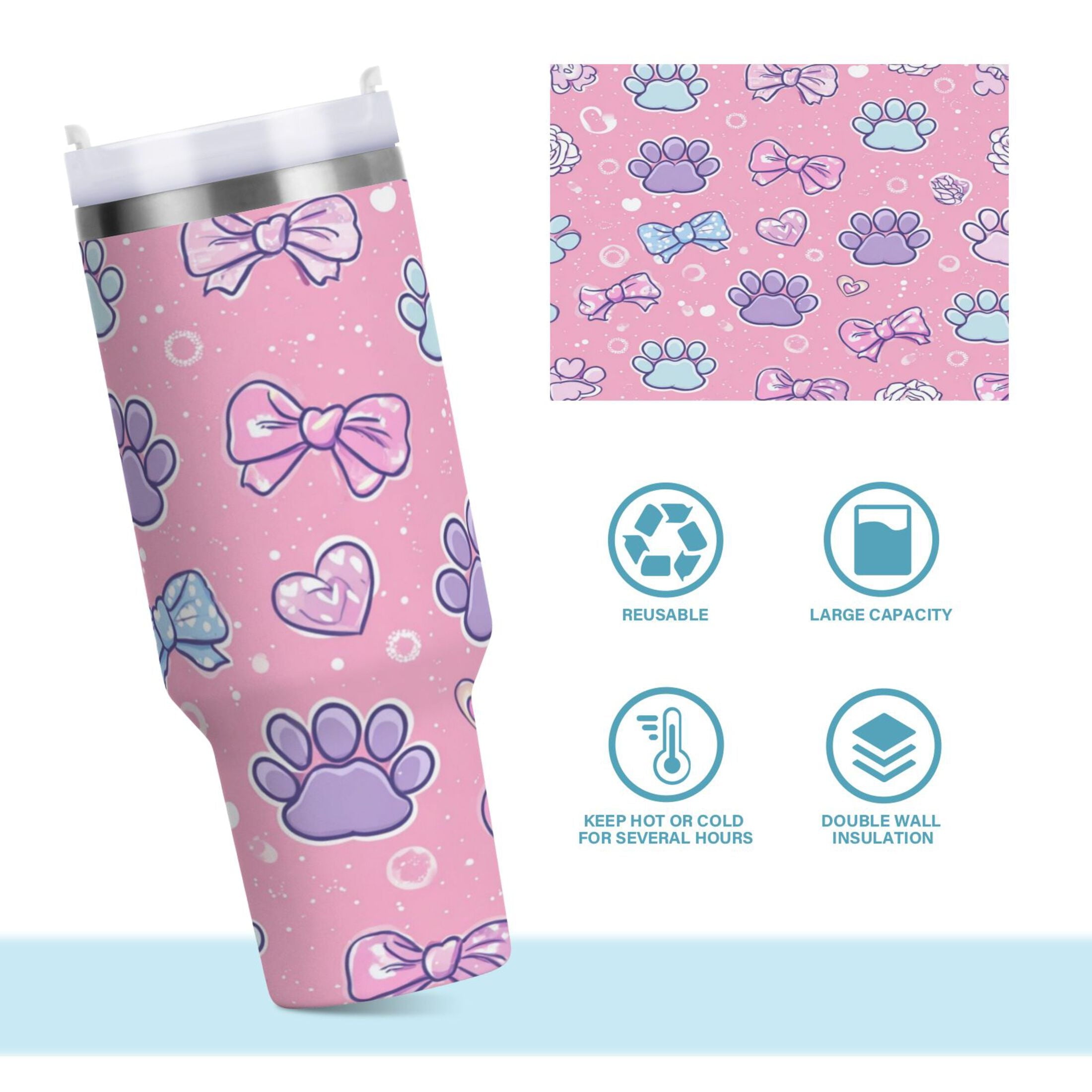 30 oz Insulated Stainless Steel Tumbler Double Wall Stainless Steel Tumbler with 2-Way Drinking Dog Paw Prints and Bows - HATL