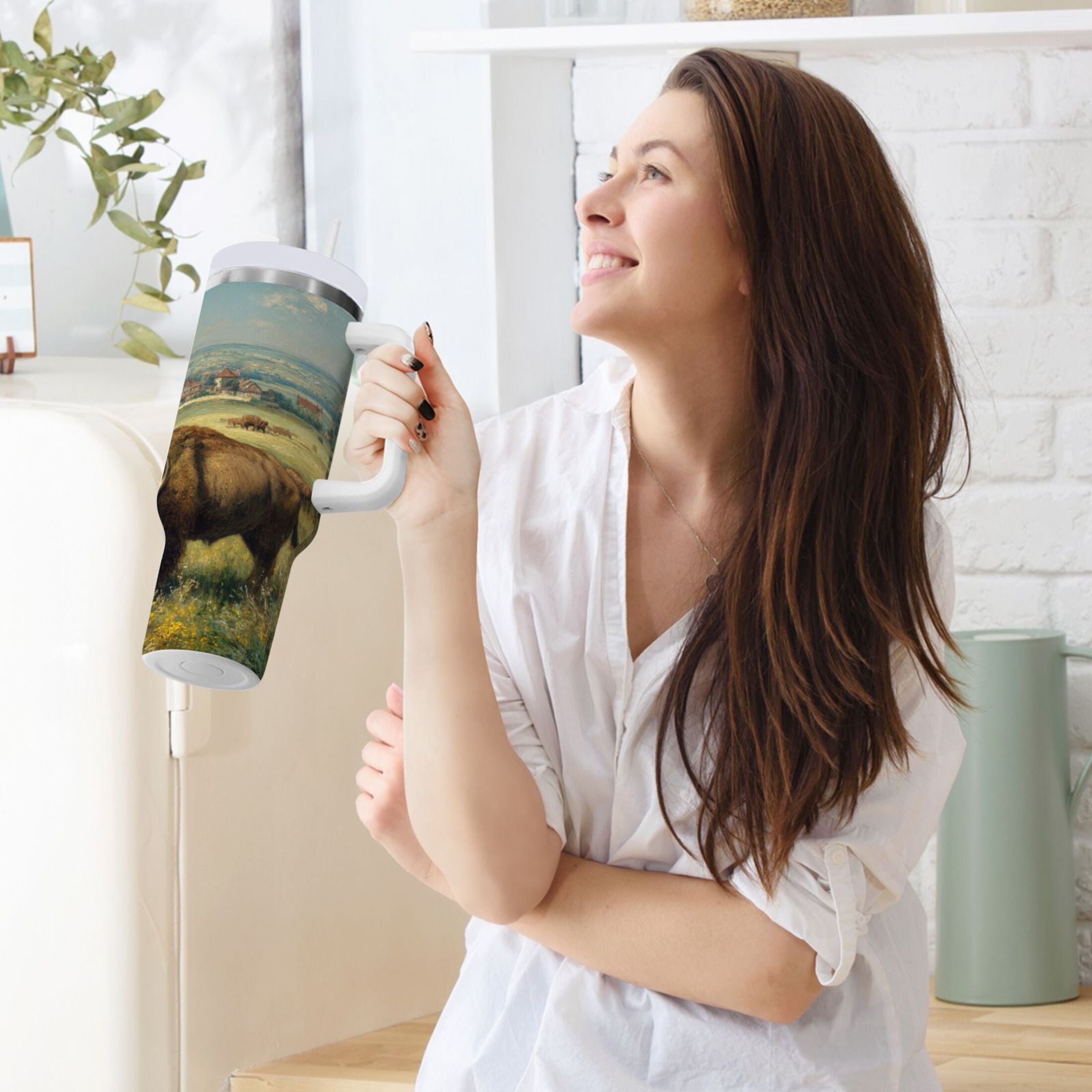 30 oz Insulated Stainless Steel Tumbler Double Wall Stainless Steel Tumbler with 2-Way Drinking Buffalo Herd Oil Painting - 6HHS