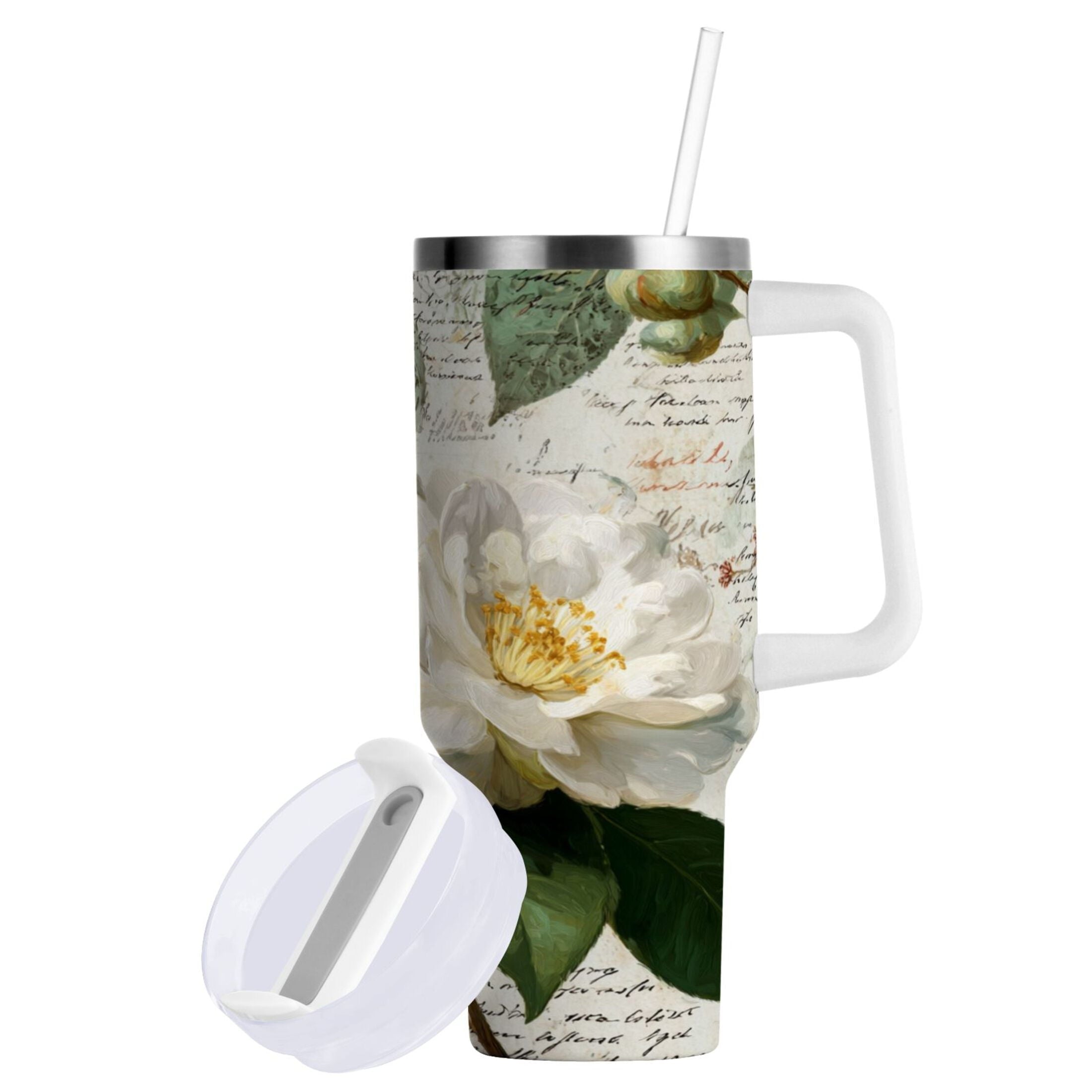 40 oz Insulated Stainless Steel Tumbler Double Wall Stainless Steel Tumbler with 2-Way Drinking Vintage White Camellias - Z4P8
