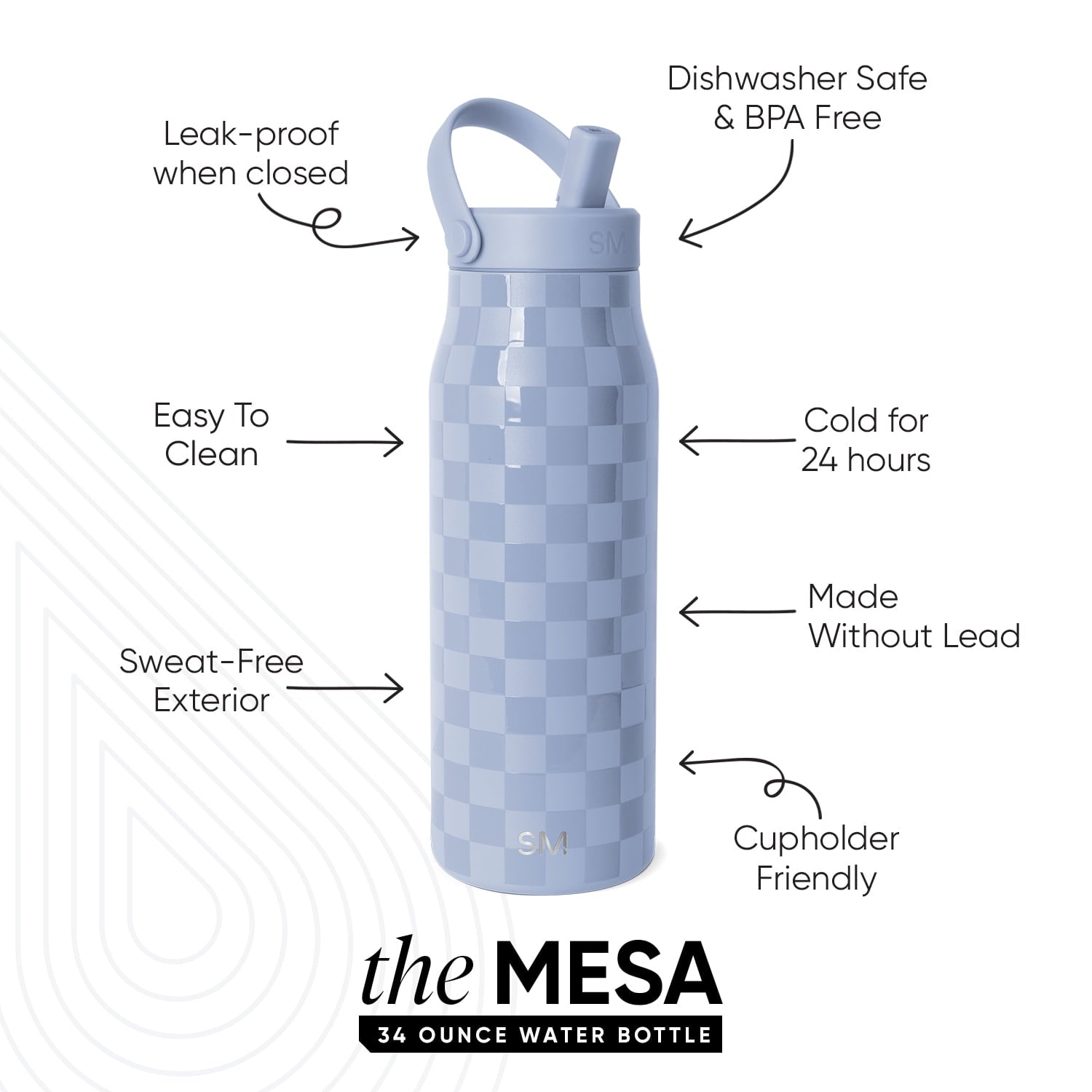 Simple Modern 34 fl oz Insulated Stainless Steel Mesa Wide Mouth Water Bottle with Handle and Push Button Straw Lid | Mystifying Blue Checkmate - RMBT