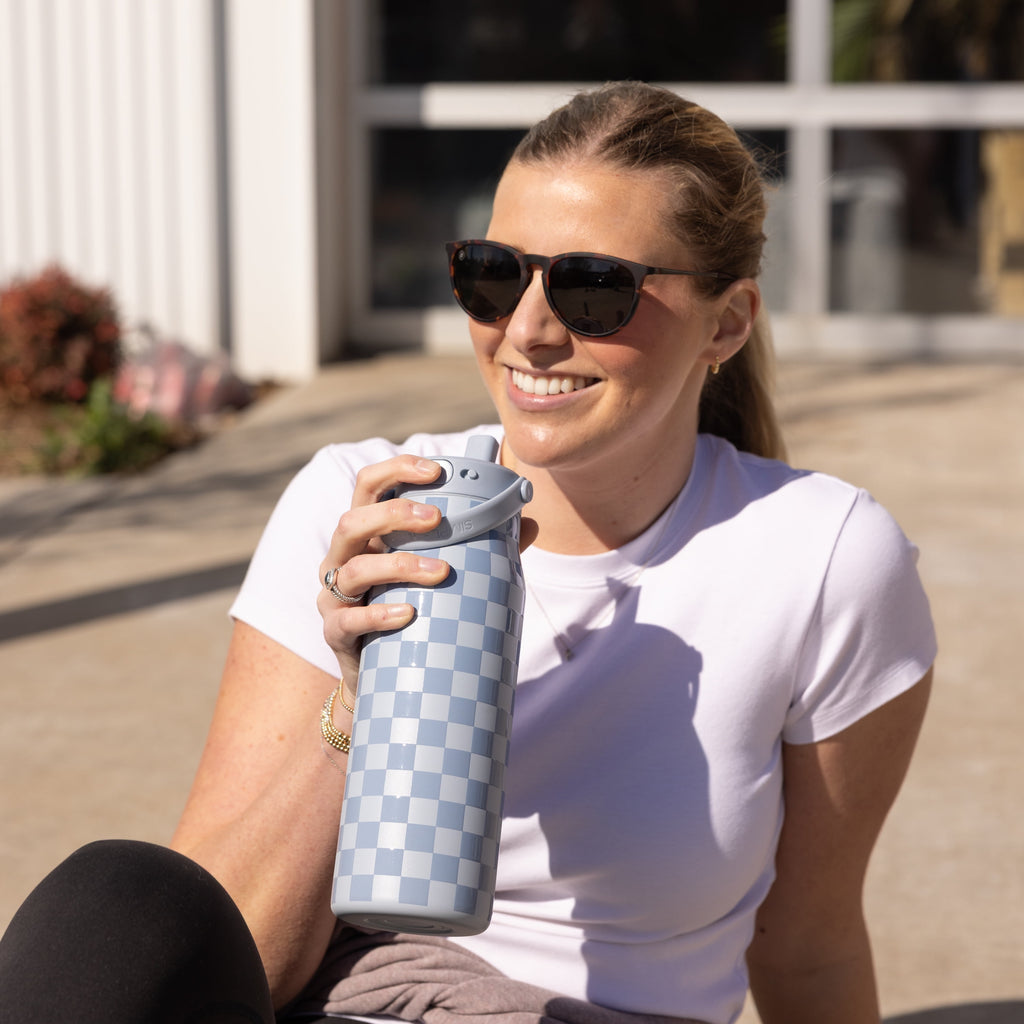 Simple Modern 34 fl oz Insulated Stainless Steel Mesa Wide Mouth Water Bottle with Handle and Push Button Straw Lid | Mystifying Blue Checkmate - RMBT