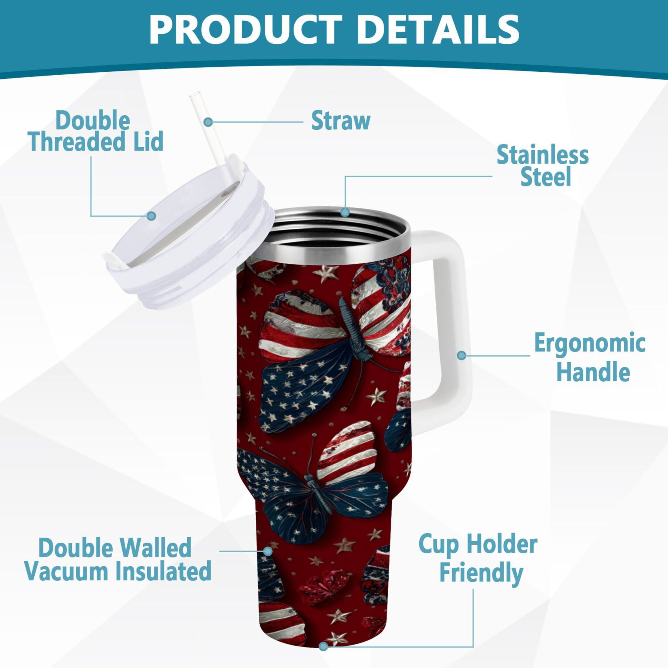 40 oz Insulated Stainless Steel Tumbler Double Wall Stainless Steel Tumbler with 2-Way Drinking Butterfly with National Flag - P7G7