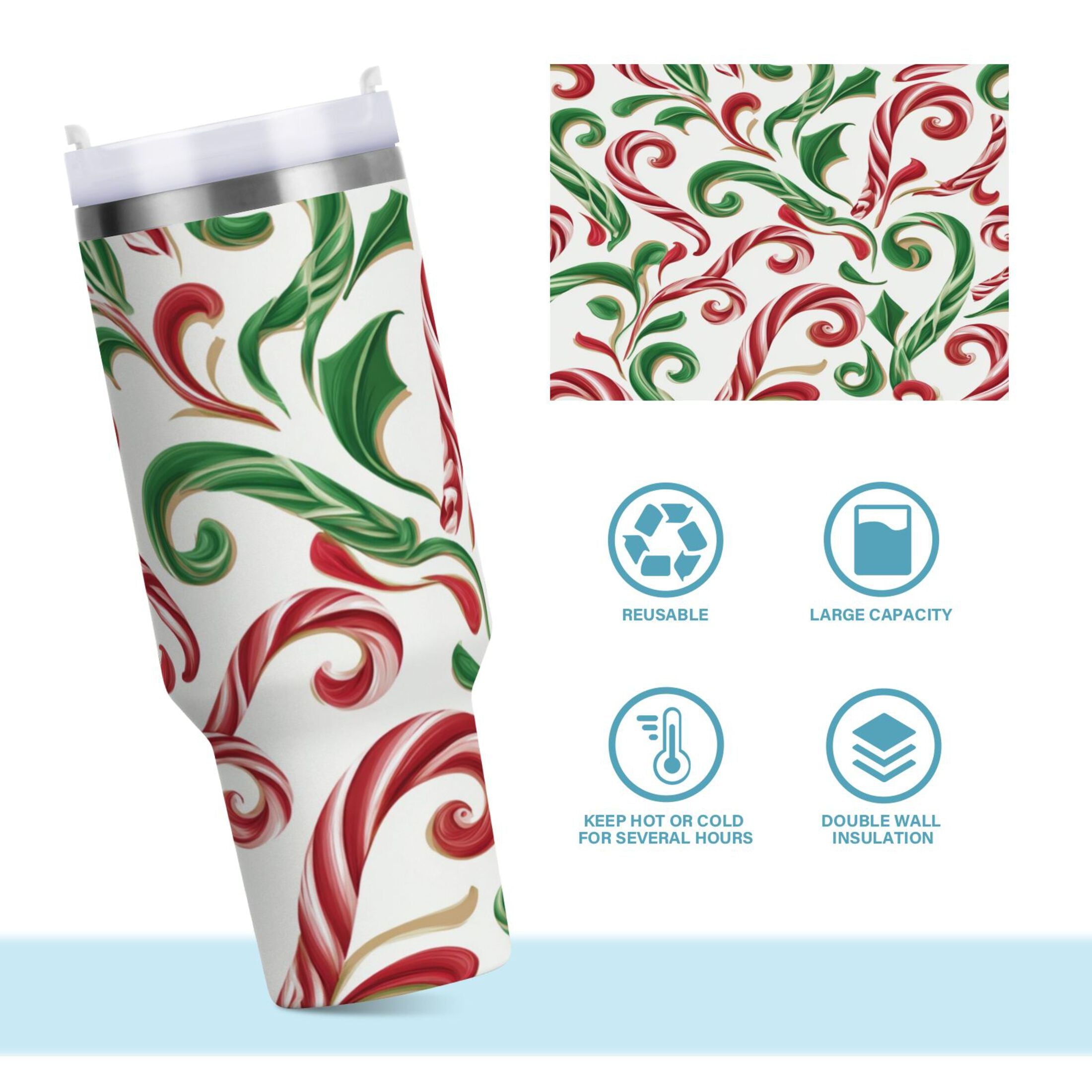 40 oz Insulated Stainless Steel Tumbler Double Wall Stainless Steel Tumbler with 2-Way Drinking Red and Green Candy-cane - 82AT