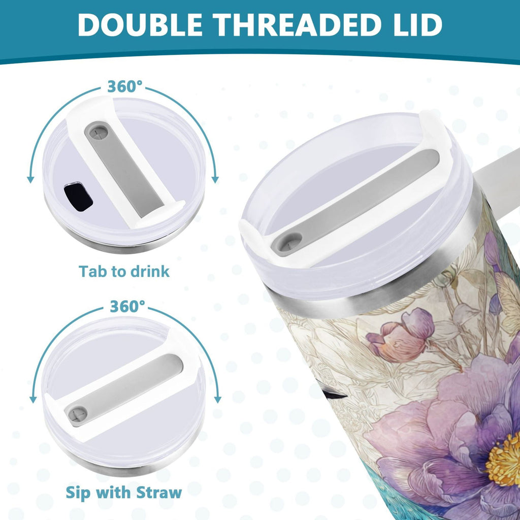 30 oz Insulated Stainless Steel Tumbler Double Wall Stainless Steel Tumbler with 2-Way Drinking Bluebird and Flower - M4U3