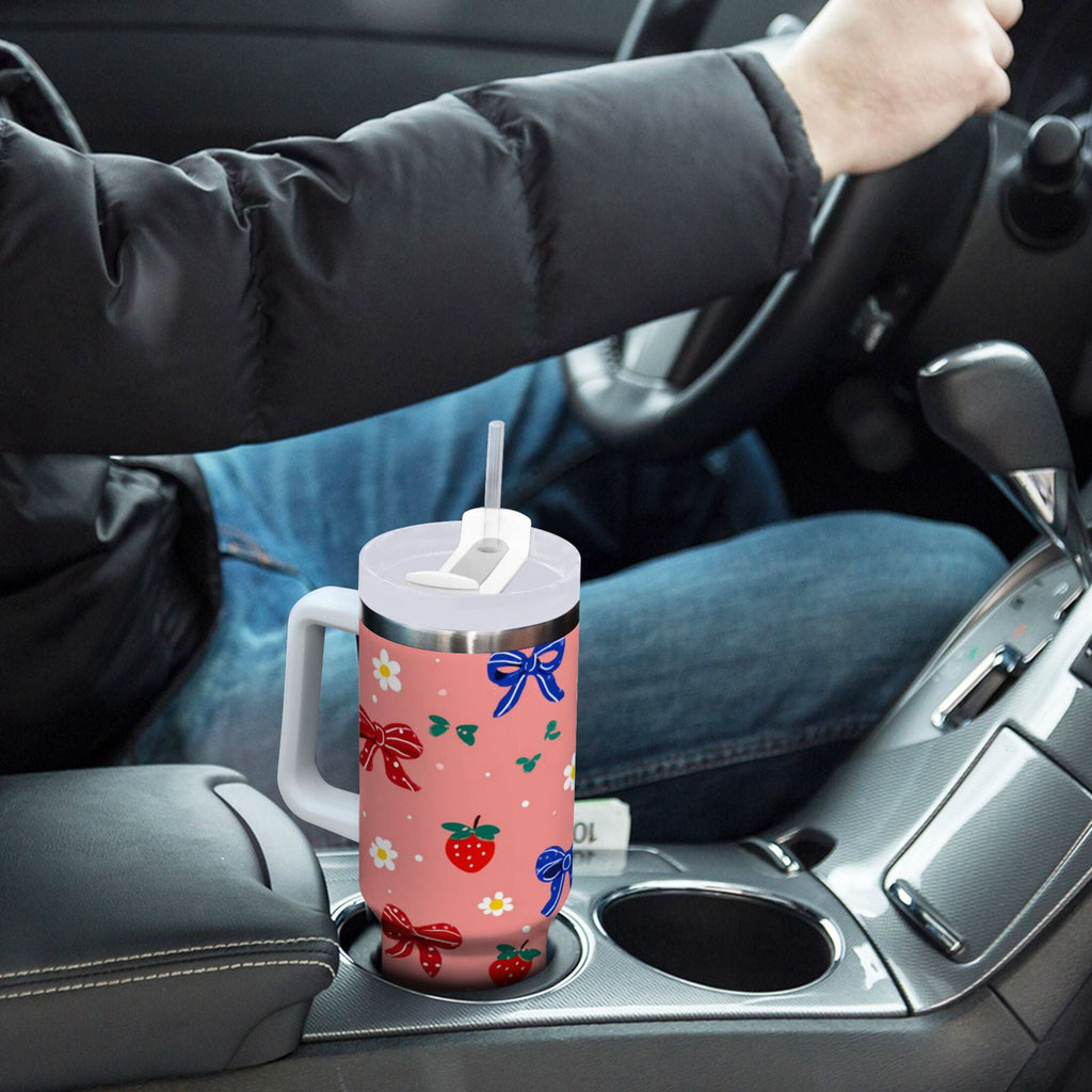 40 oz Insulated Stainless Steel Tumbler Double Wall Stainless Steel Tumbler with 2-Way Drinking Bows and Strawberries Pattern - TN3K