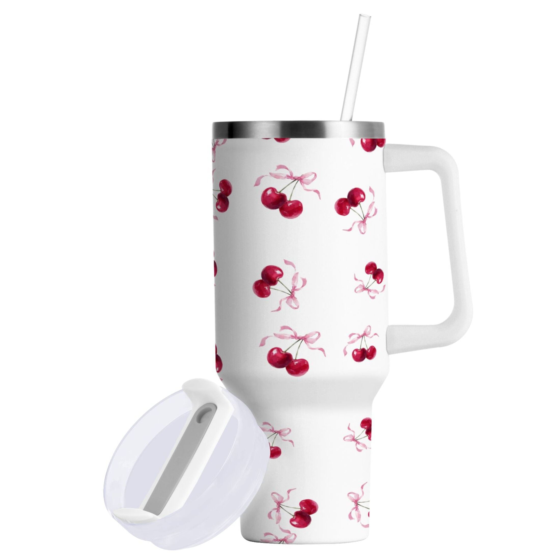30 oz Insulated Stainless Steel Tumbler Double Wall Stainless Steel Tumbler with 2-Way Drinking Watercolor Cherries Pattern - YEYV