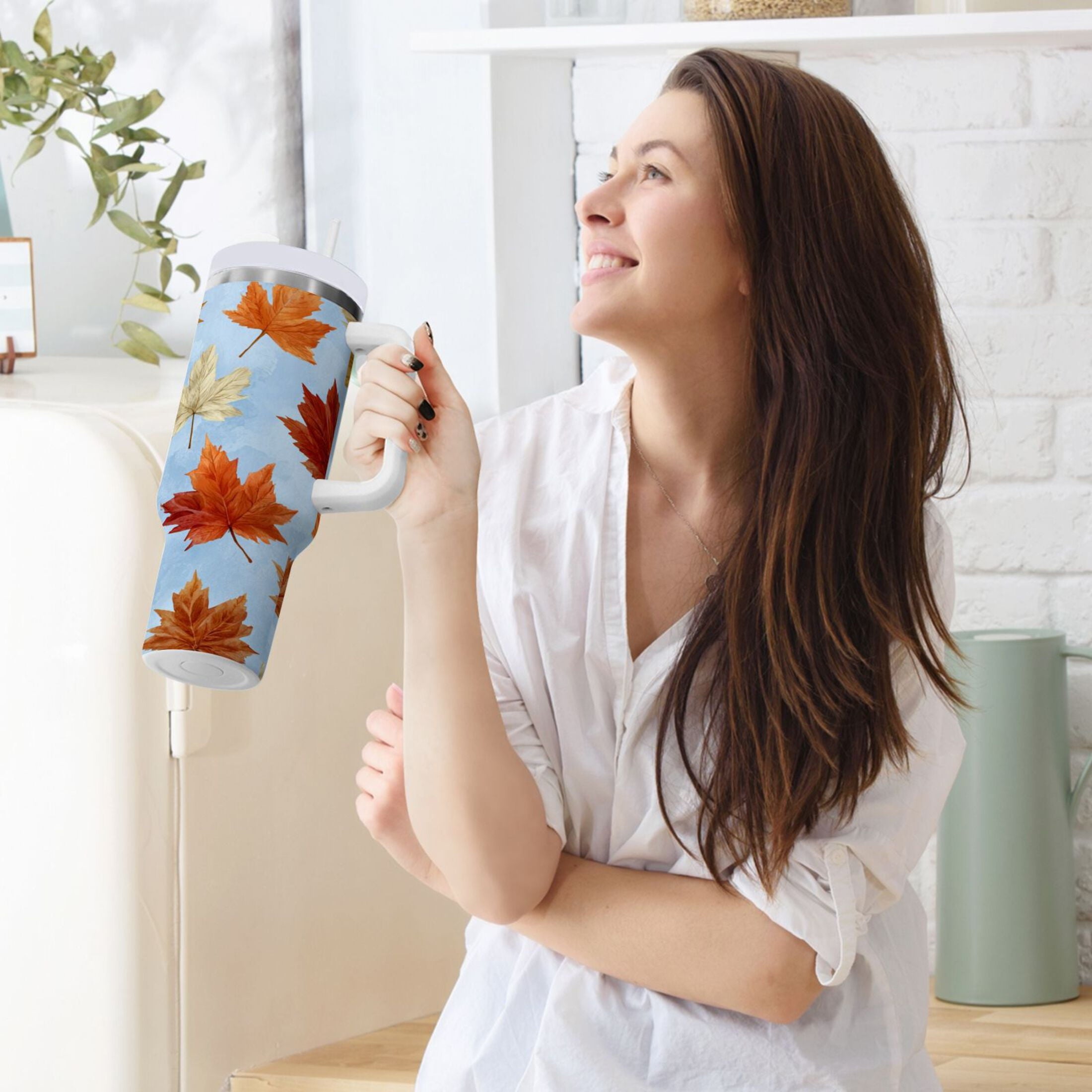 30 oz Insulated Stainless Steel Tumbler Double Wall Stainless Steel Tumbler with 2-Way Drinking Autumn Maple Leaves - GGC9