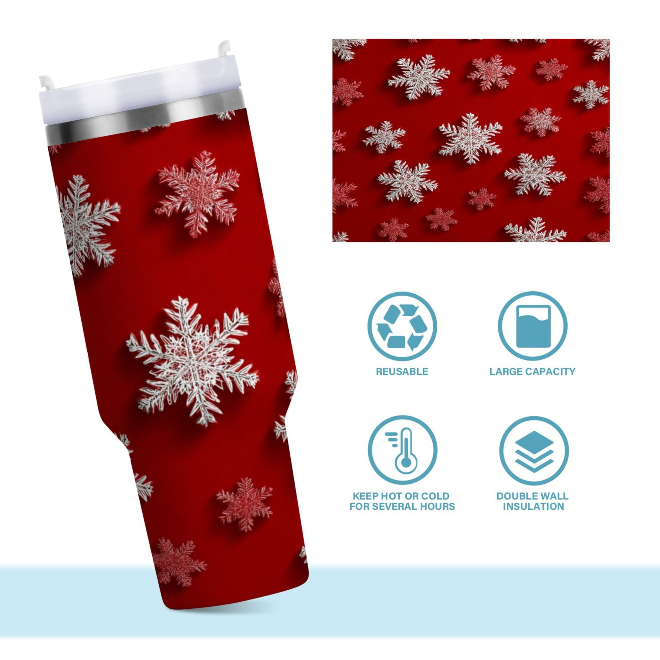 30 oz Insulated Stainless Steel Tumbler Double Wall Stainless Steel Tumbler with 2-Way Drinking Red and White Snowflakes - 7Z4Y