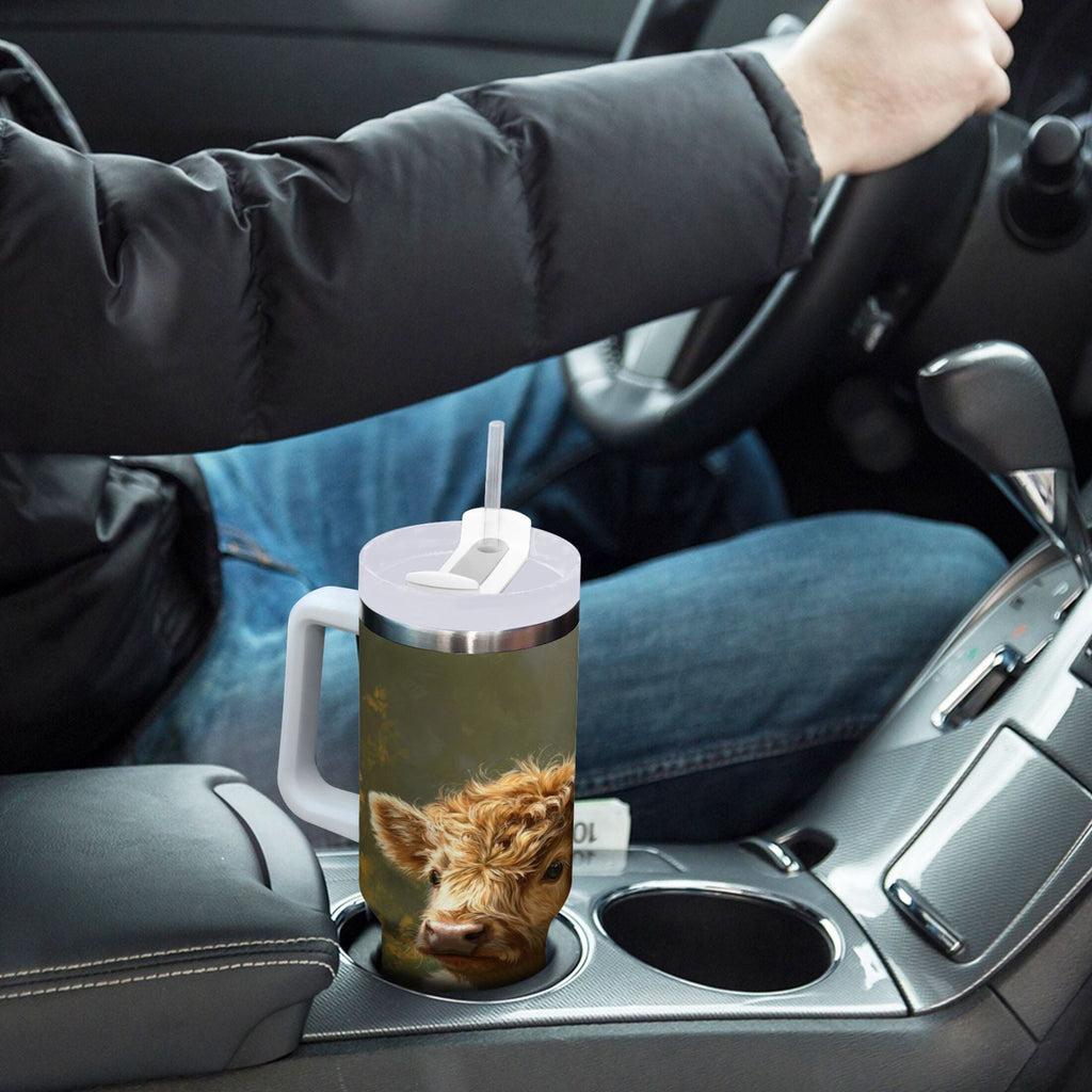 40 oz Insulated Stainless Steel Tumbler Double Wall Stainless Steel Tumbler with 2-Way Drinking Cow Lying in Sunflowers - GKZT
