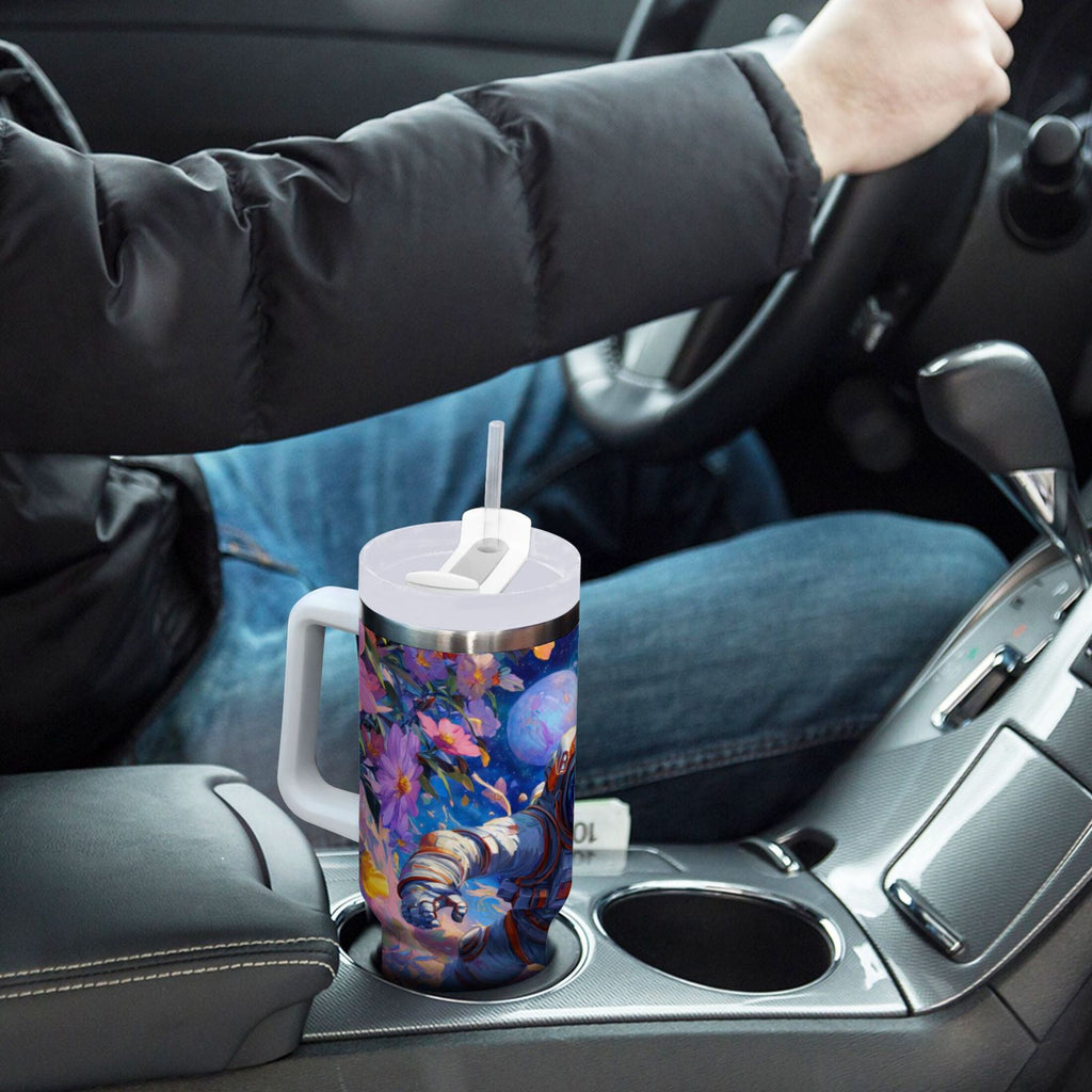 40 oz Insulated Stainless Steel Tumbler Double Wall Stainless Steel Tumbler with 2-Way Drinking Astronaut and Colorful Flowers - YVWD
