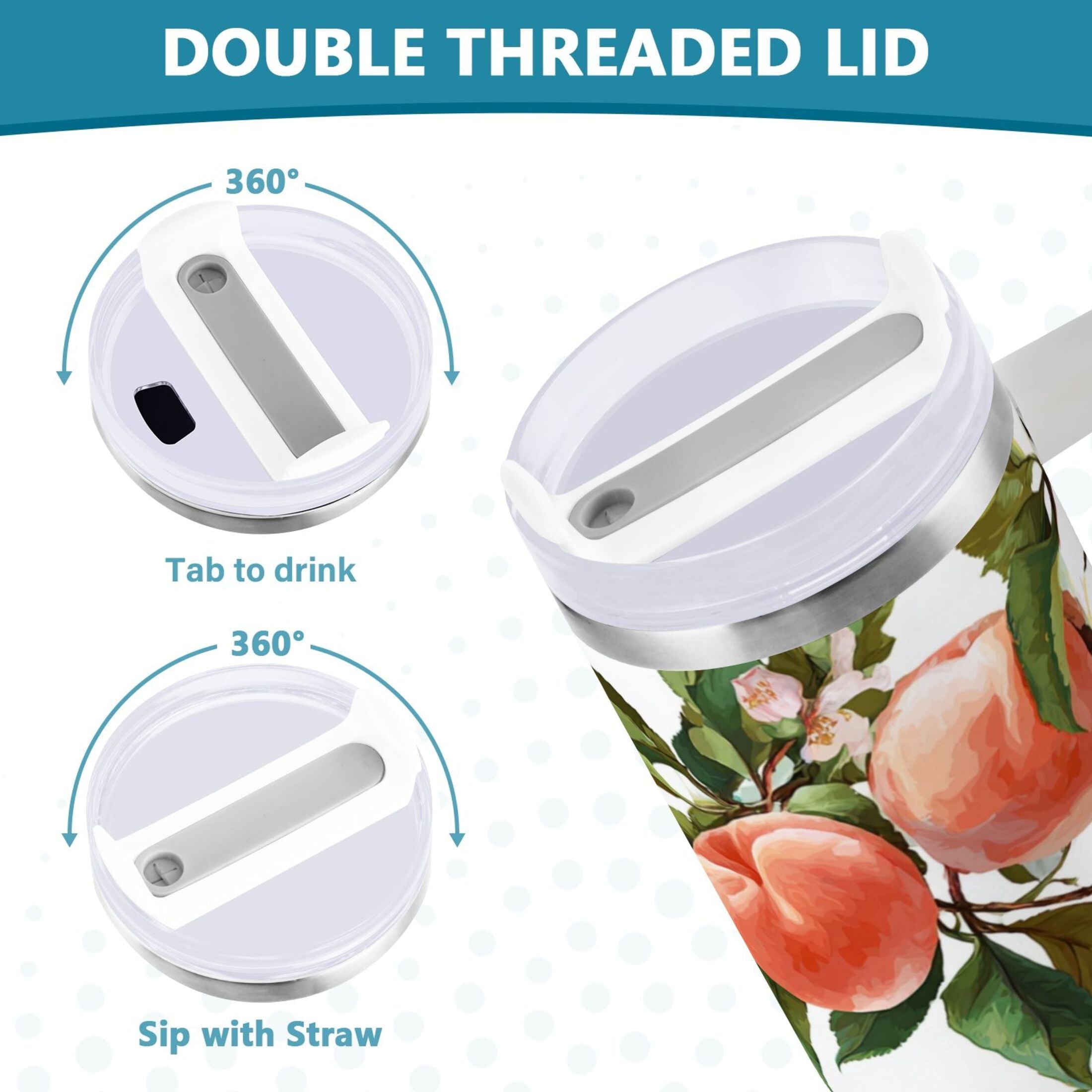 30 oz Insulated Stainless Steel Tumbler Double Wall Stainless Steel Tumbler with 2-Way Drinking Peach Fruit Pattern - YDEP