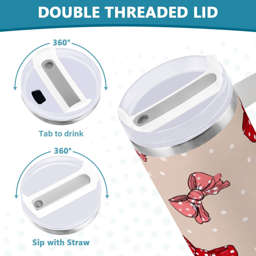 30 oz Insulated Stainless Steel Tumbler Double Wall Stainless Steel Tumbler with 2-Way Drinking Cute Red Bows Pattern - ENJH