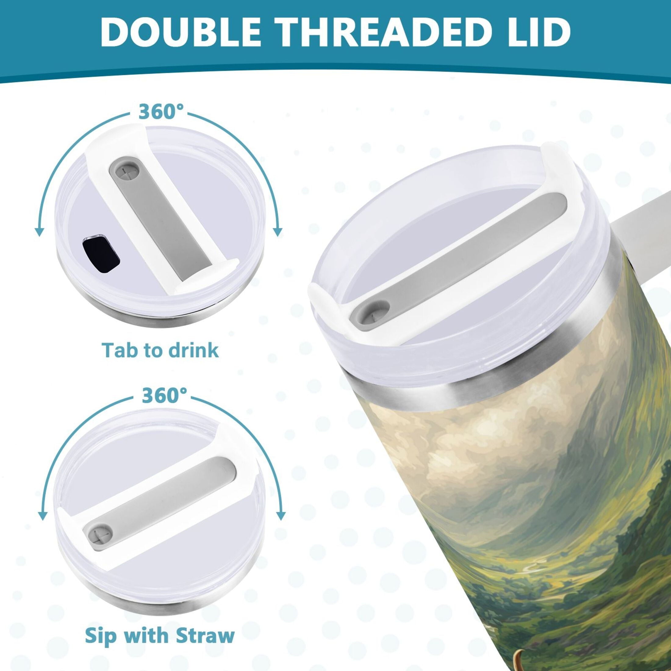 30 oz Insulated Stainless Steel Tumbler Double Wall Stainless Steel Tumbler with 2-Way Drinking Cow in Green Rolling Hills - PQ9H