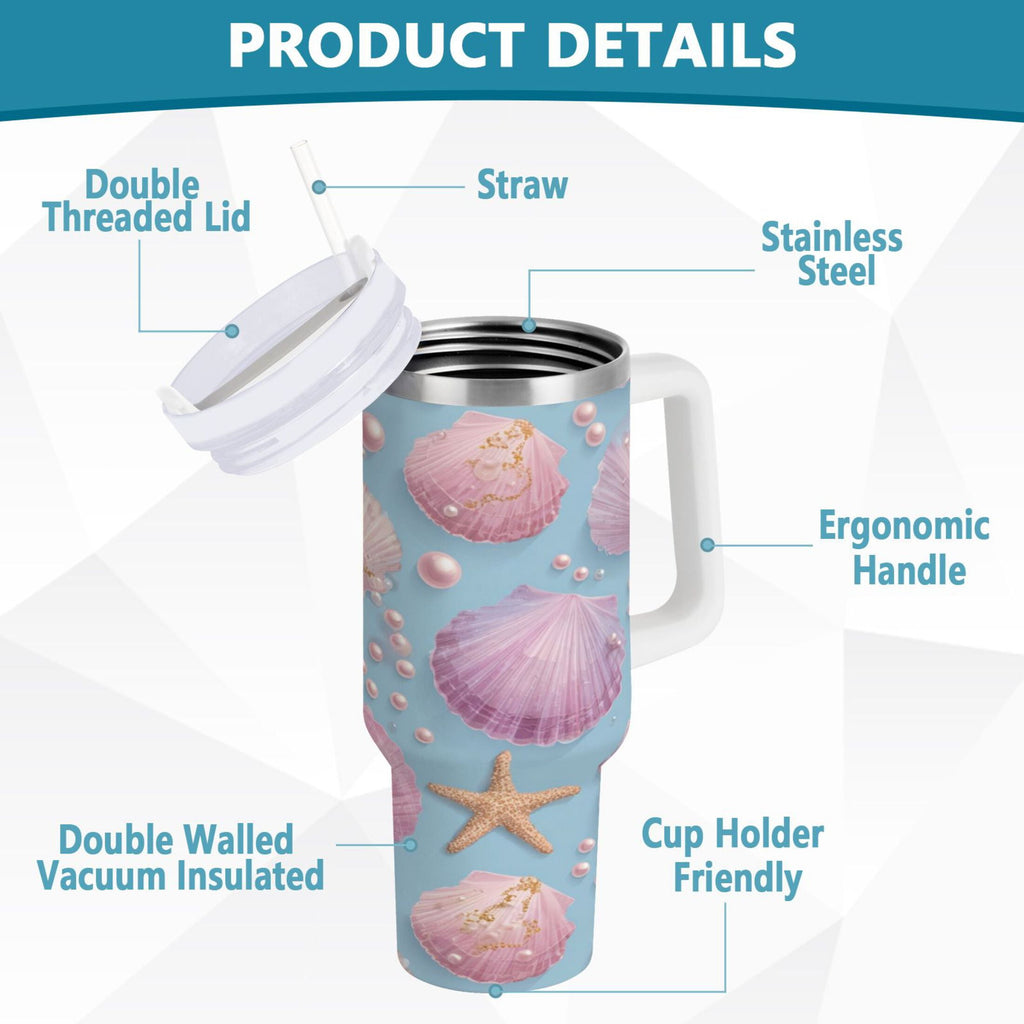 40 oz Insulated Stainless Steel Tumbler Double Wall Stainless Steel Tumbler with 2-Way Drinking Seashells and Pearls Pattern - 9BS2