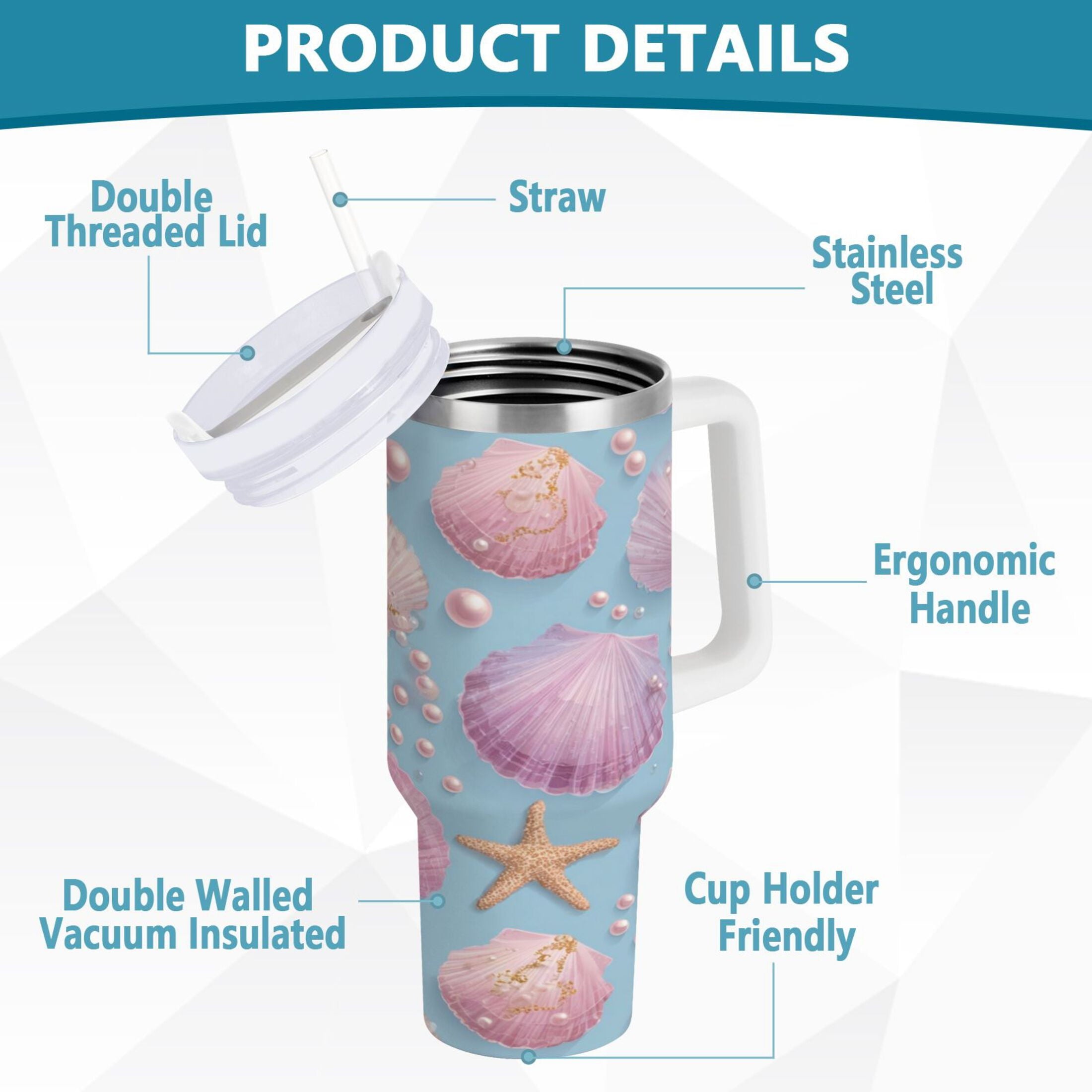 40 oz Insulated Stainless Steel Tumbler Double Wall Stainless Steel Tumbler with 2-Way Drinking Seashells and Pearls Pattern - 9BS2