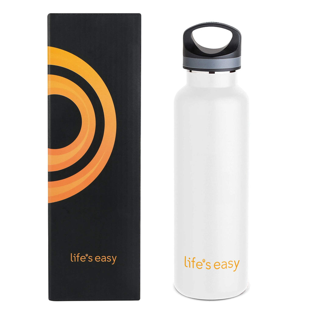 LIFE'S EASY 20 oz. Sports Insulated Water Bottle with Lid. Stainless Steel Vacuum Double Wall Thermo for Modern Hot and Cold Drinks, Simple Metal Hydro Canteen for Travel Men and Women (White) - FET9