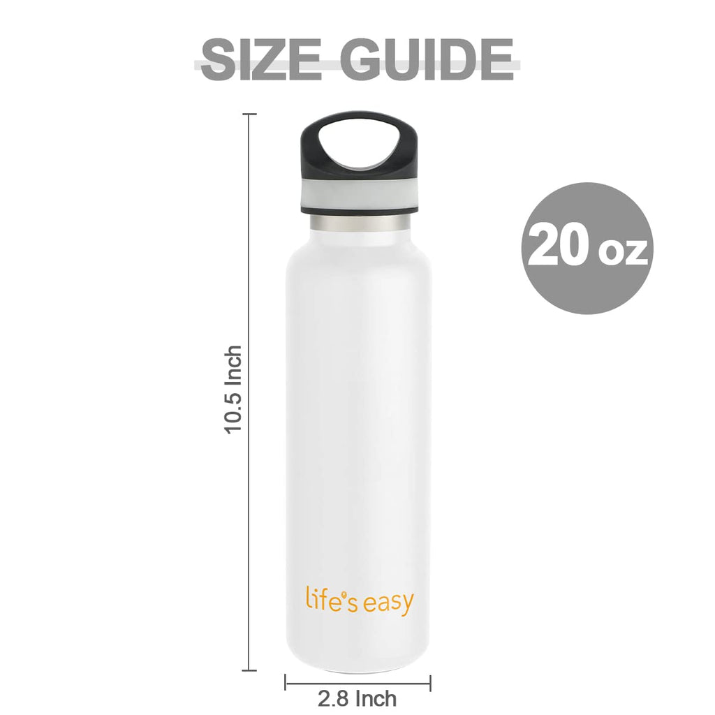 LIFE'S EASY 20 oz. Sports Insulated Water Bottle with Lid. Stainless Steel Vacuum Double Wall Thermo for Modern Hot and Cold Drinks, Simple Metal Hydro Canteen for Travel Men and Women (White) - FET9