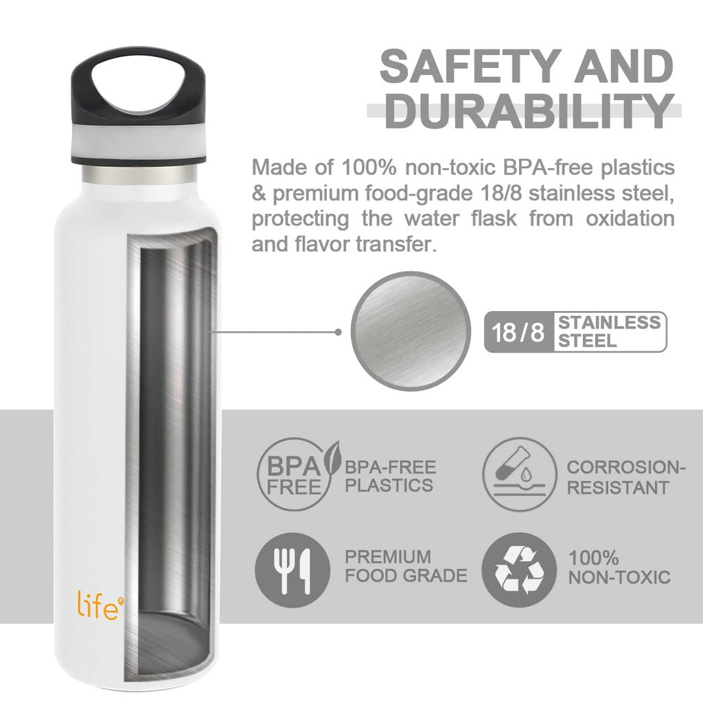 LIFE'S EASY 20 oz. Sports Insulated Water Bottle with Lid. Stainless Steel Vacuum Double Wall Thermo for Modern Hot and Cold Drinks, Simple Metal Hydro Canteen for Travel Men and Women (White) - FET9