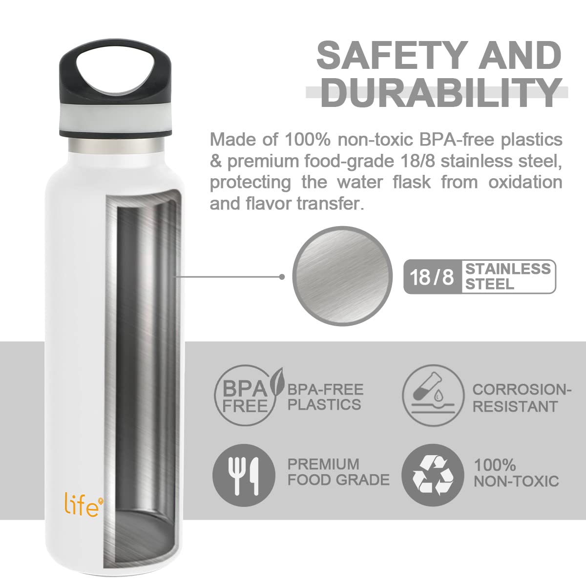 LIFE'S EASY 20 oz. Sports Insulated Water Bottle with Lid. Stainless Steel Vacuum Double Wall Thermo for Modern Hot and Cold Drinks, Simple Metal Hydro Canteen for Travel Men and Women (White) - FET9