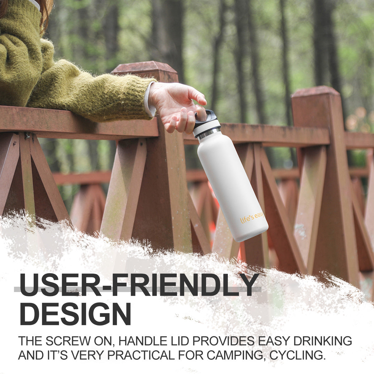LIFE'S EASY 20 oz. Sports Insulated Water Bottle with Lid. Stainless Steel Vacuum Double Wall Thermo for Modern Hot and Cold Drinks, Simple Metal Hydro Canteen for Travel Men and Women (White) - FET9