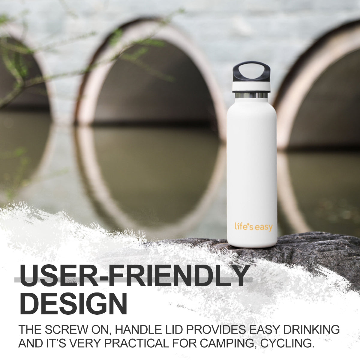 LIFE'S EASY 20 oz. Sports Insulated Water Bottle with Lid. Stainless Steel Vacuum Double Wall Thermo for Modern Hot and Cold Drinks, Simple Metal Hydro Canteen for Travel Men and Women (White) - FET9