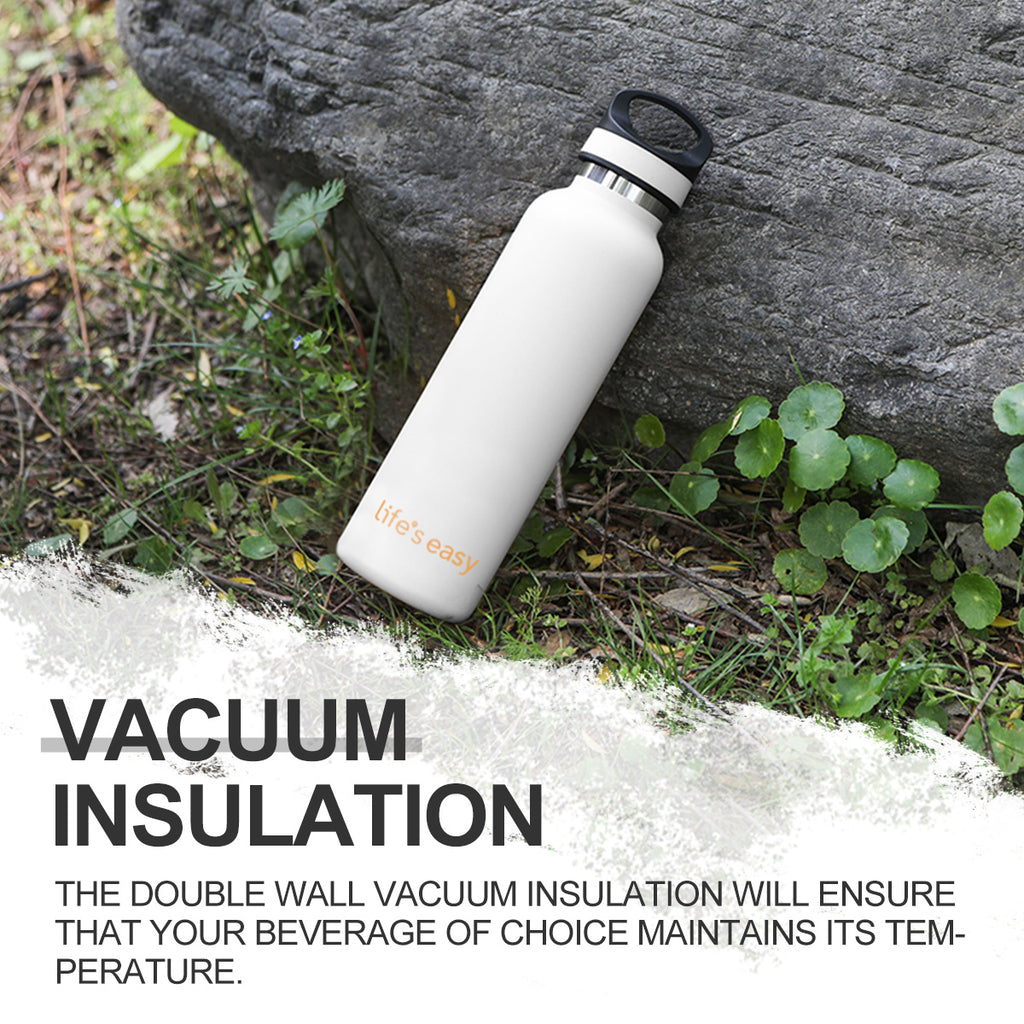 LIFE'S EASY 20 oz. Sports Insulated Water Bottle with Lid. Stainless Steel Vacuum Double Wall Thermo for Modern Hot and Cold Drinks, Simple Metal Hydro Canteen for Travel Men and Women (White) - FET9
