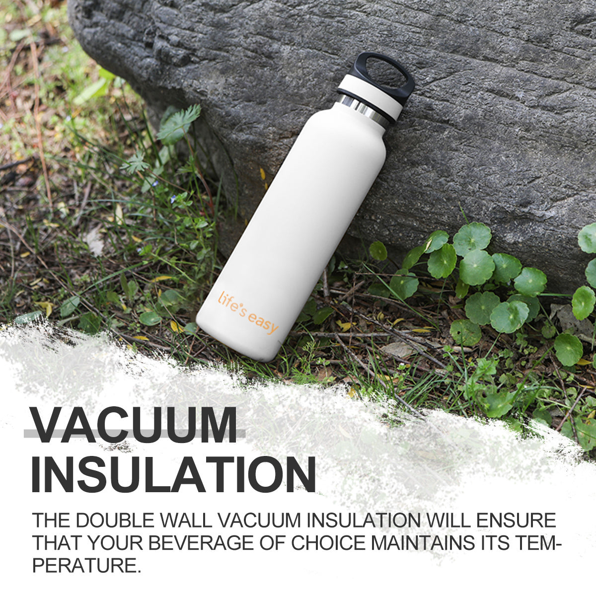 LIFE'S EASY 20 oz. Sports Insulated Water Bottle with Lid. Stainless Steel Vacuum Double Wall Thermo for Modern Hot and Cold Drinks, Simple Metal Hydro Canteen for Travel Men and Women (White) - FET9