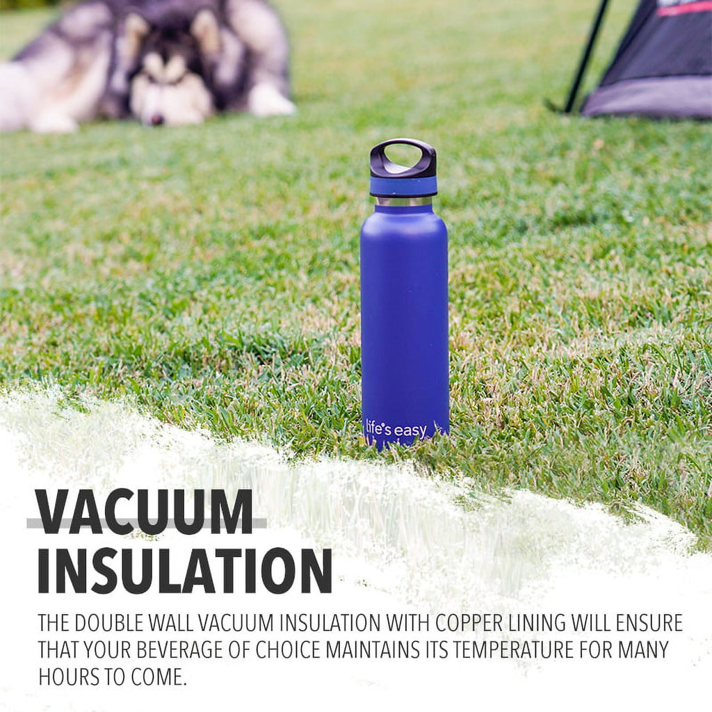 LIFE'S EASY 20 oz. Sports Insulated Water Bottle with Lid. Stainless Steel Vacuum Double Wall Thermo for Modern Hot and Cold Drinks, Simple Metal Hydro Canteen for Travel Men and Women (White) - FET9