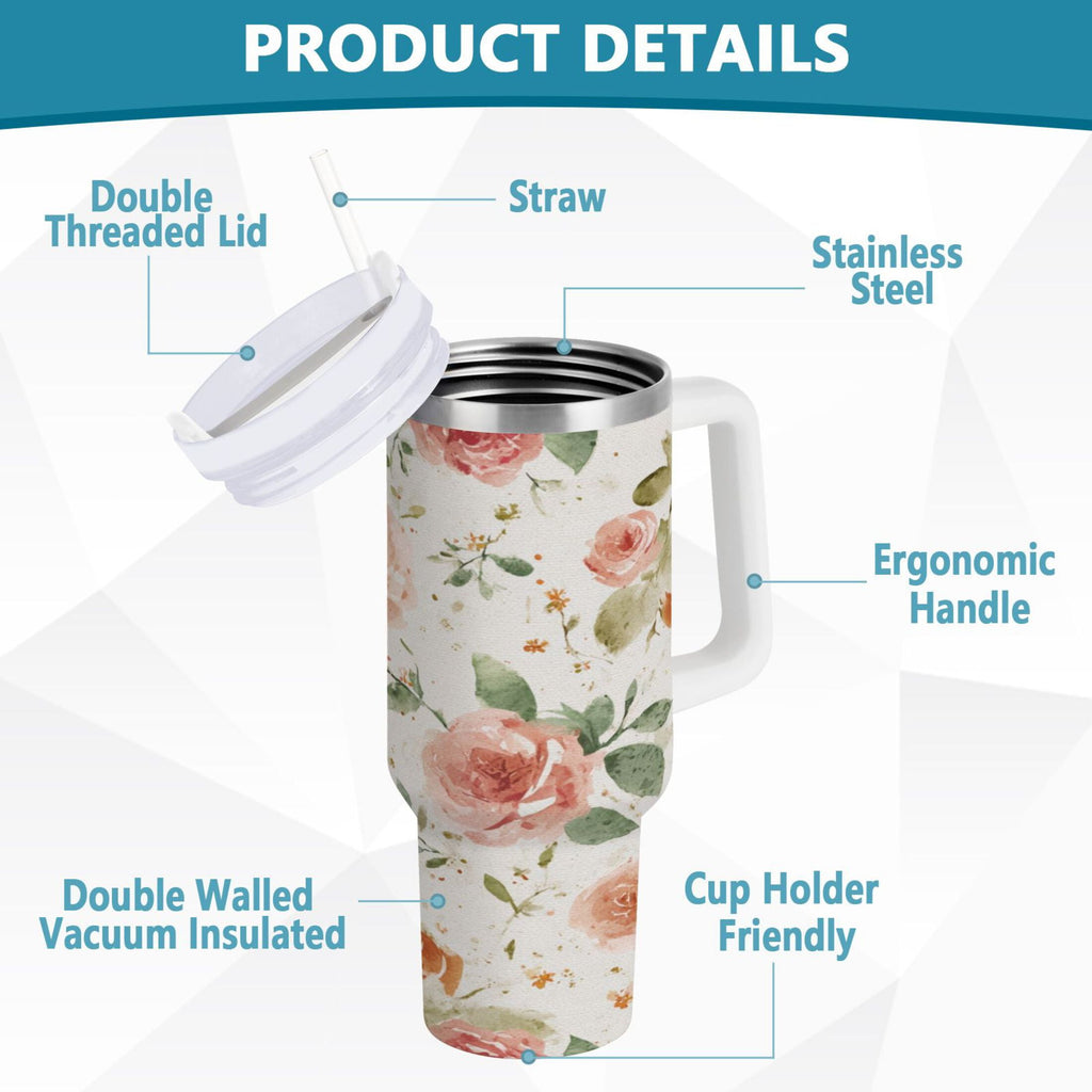 40 oz Insulated Stainless Steel Tumbler Double Wall Stainless Steel Tumbler with 2-Way Drinking Watercolor Rose Floral Pattern - SLDA