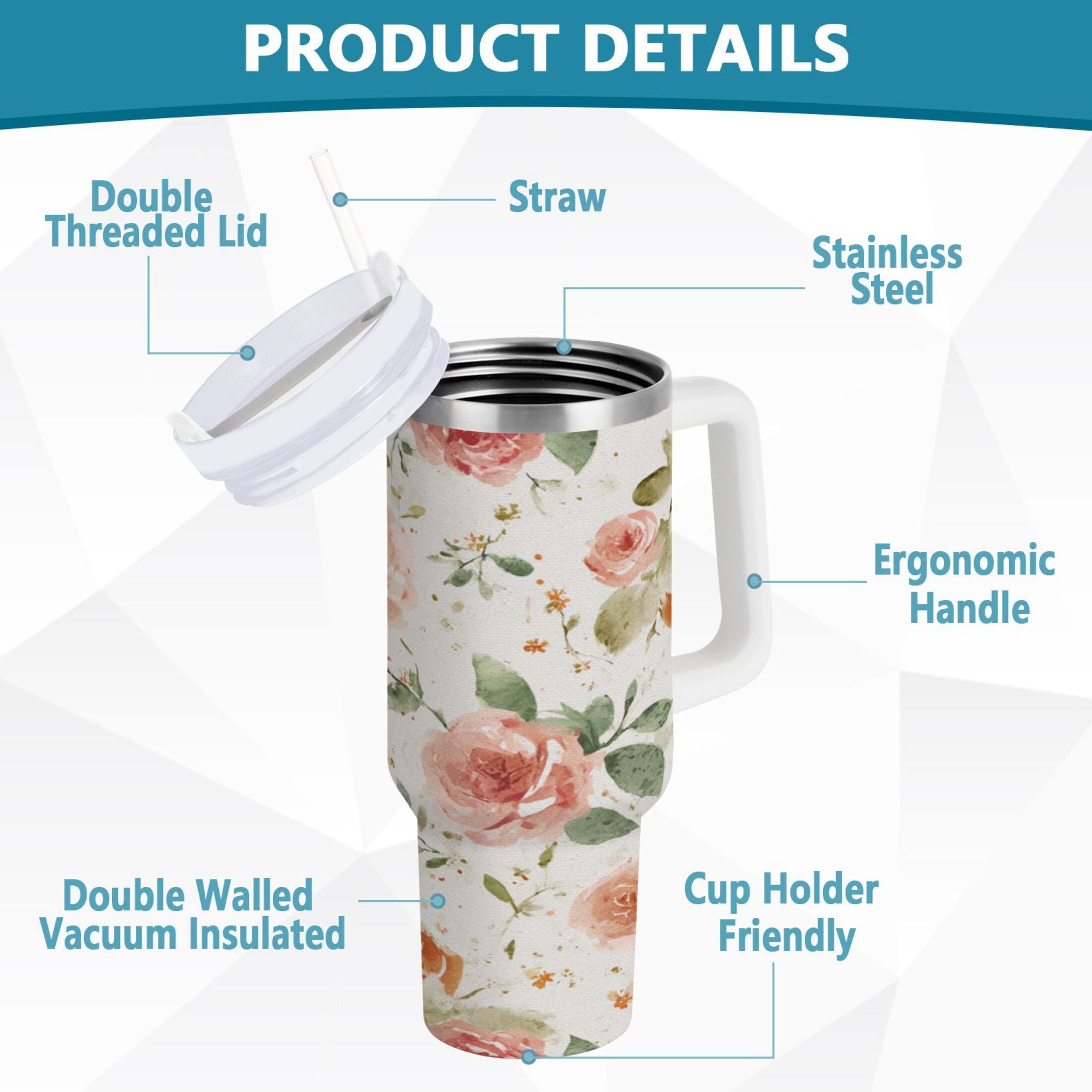40 oz Insulated Stainless Steel Tumbler Double Wall Stainless Steel Tumbler with 2-Way Drinking Watercolor Rose Floral Pattern - SLDA