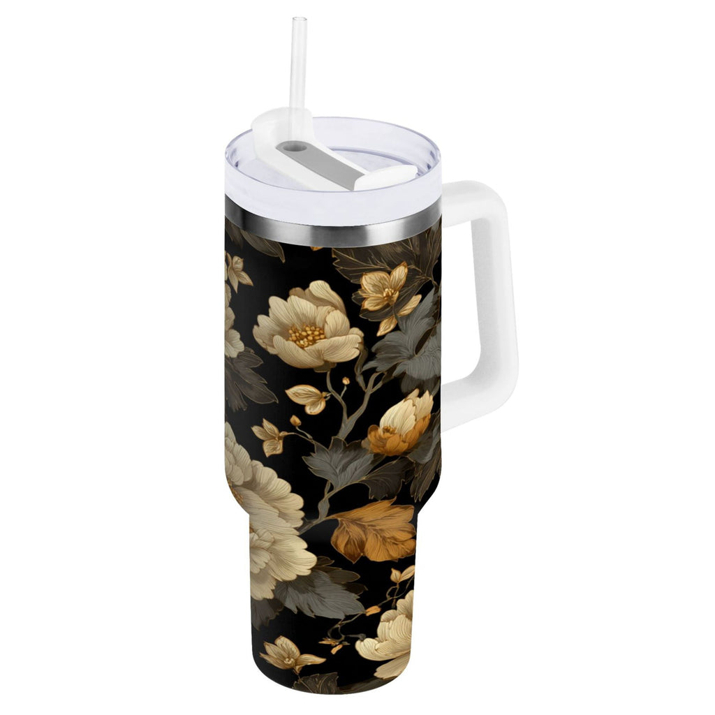 30 oz Insulated Stainless Steel Tumbler Double Wall Stainless Steel Tumbler with 2-Way Drinking Elegant Beige Floral - JE3M