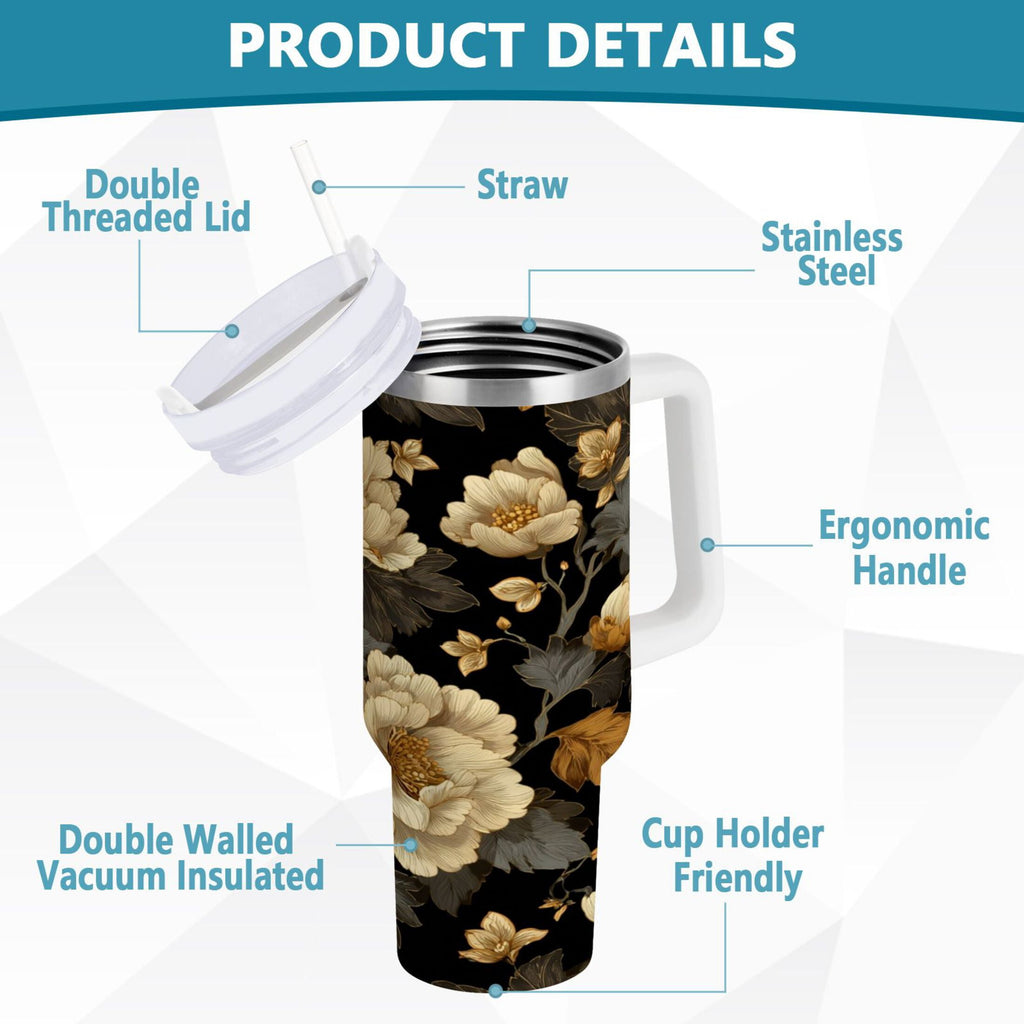 30 oz Insulated Stainless Steel Tumbler Double Wall Stainless Steel Tumbler with 2-Way Drinking Elegant Beige Floral - JE3M