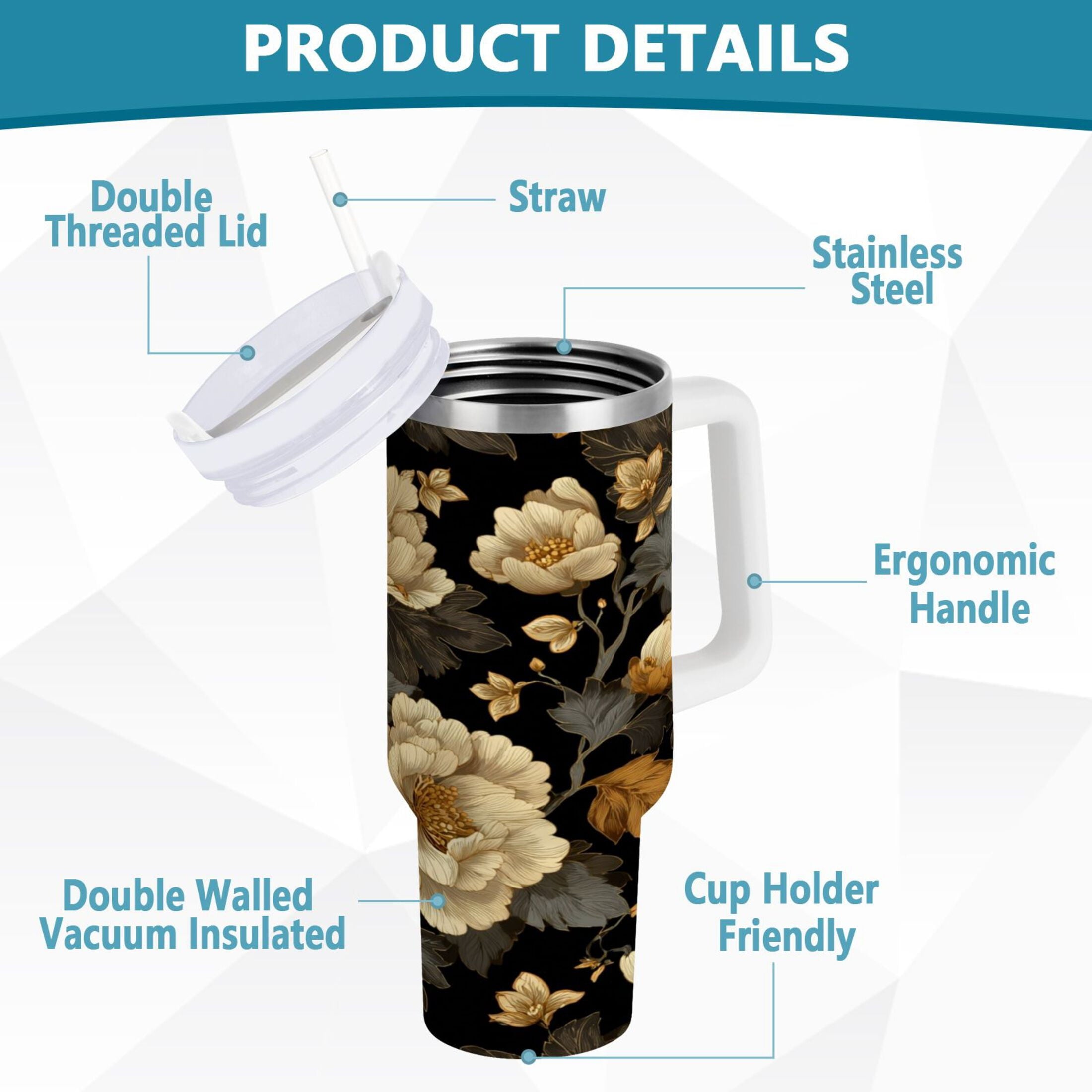 30 oz Insulated Stainless Steel Tumbler Double Wall Stainless Steel Tumbler with 2-Way Drinking Elegant Beige Floral - JE3M
