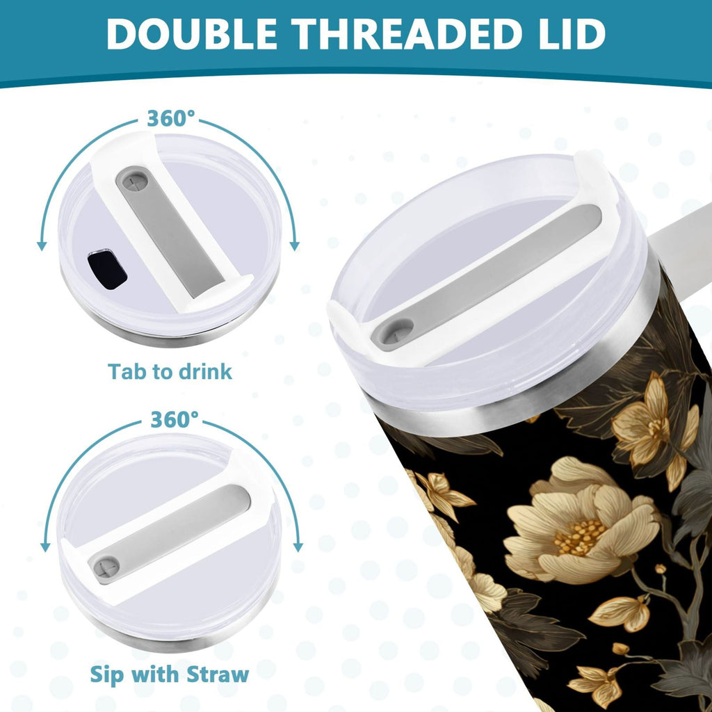 30 oz Insulated Stainless Steel Tumbler Double Wall Stainless Steel Tumbler with 2-Way Drinking Elegant Beige Floral - JE3M