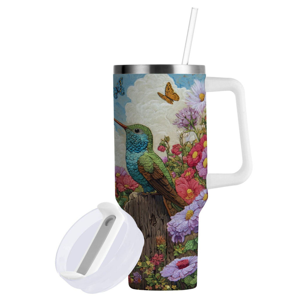 30 oz Insulated Stainless Steel Tumbler Double Wall Stainless Steel Tumbler with 2-Way Drinking Hummingbirds and Flowers - P5NS