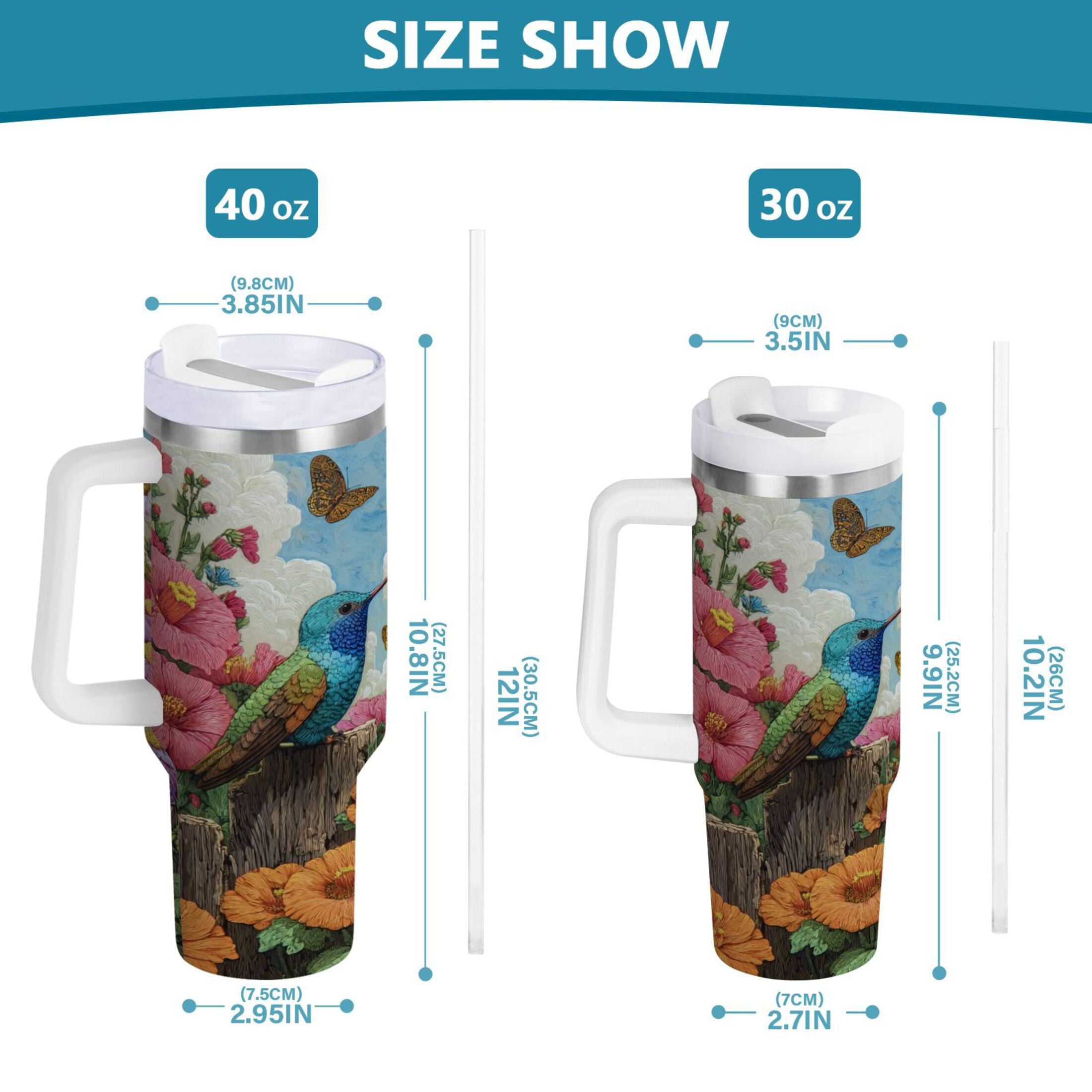 30 oz Insulated Stainless Steel Tumbler Double Wall Stainless Steel Tumbler with 2-Way Drinking Hummingbirds and Flowers - P5NS