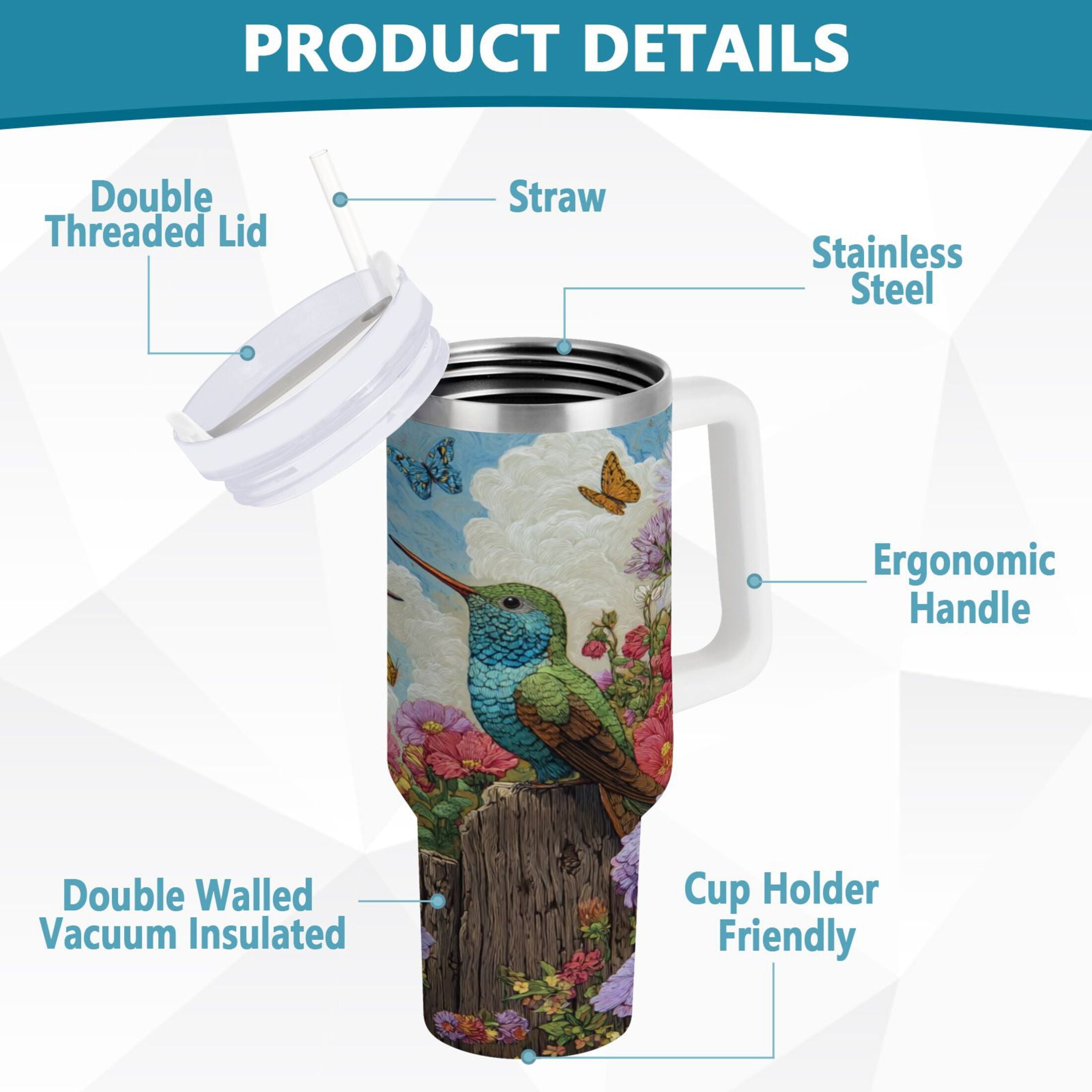30 oz Insulated Stainless Steel Tumbler Double Wall Stainless Steel Tumbler with 2-Way Drinking Hummingbirds and Flowers - P5NS