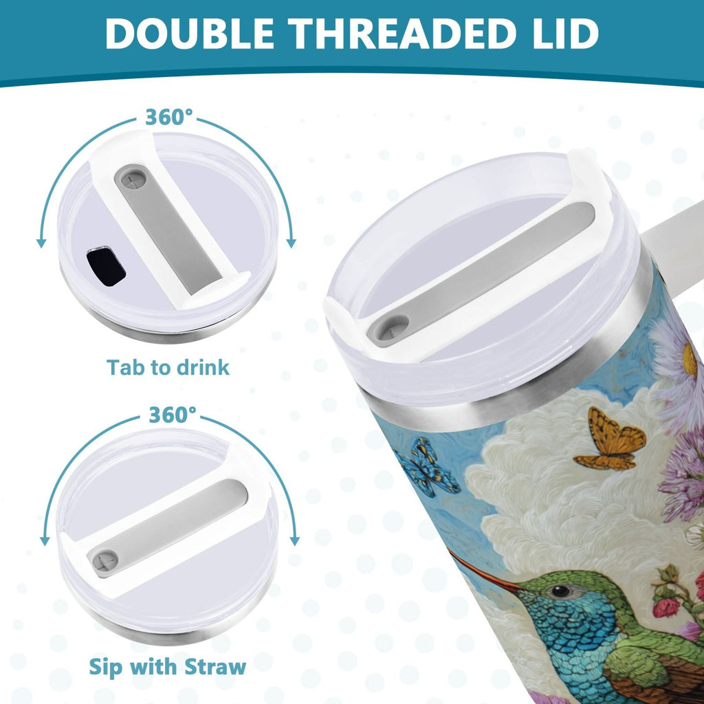 30 oz Insulated Stainless Steel Tumbler Double Wall Stainless Steel Tumbler with 2-Way Drinking Hummingbirds and Flowers - P5NS