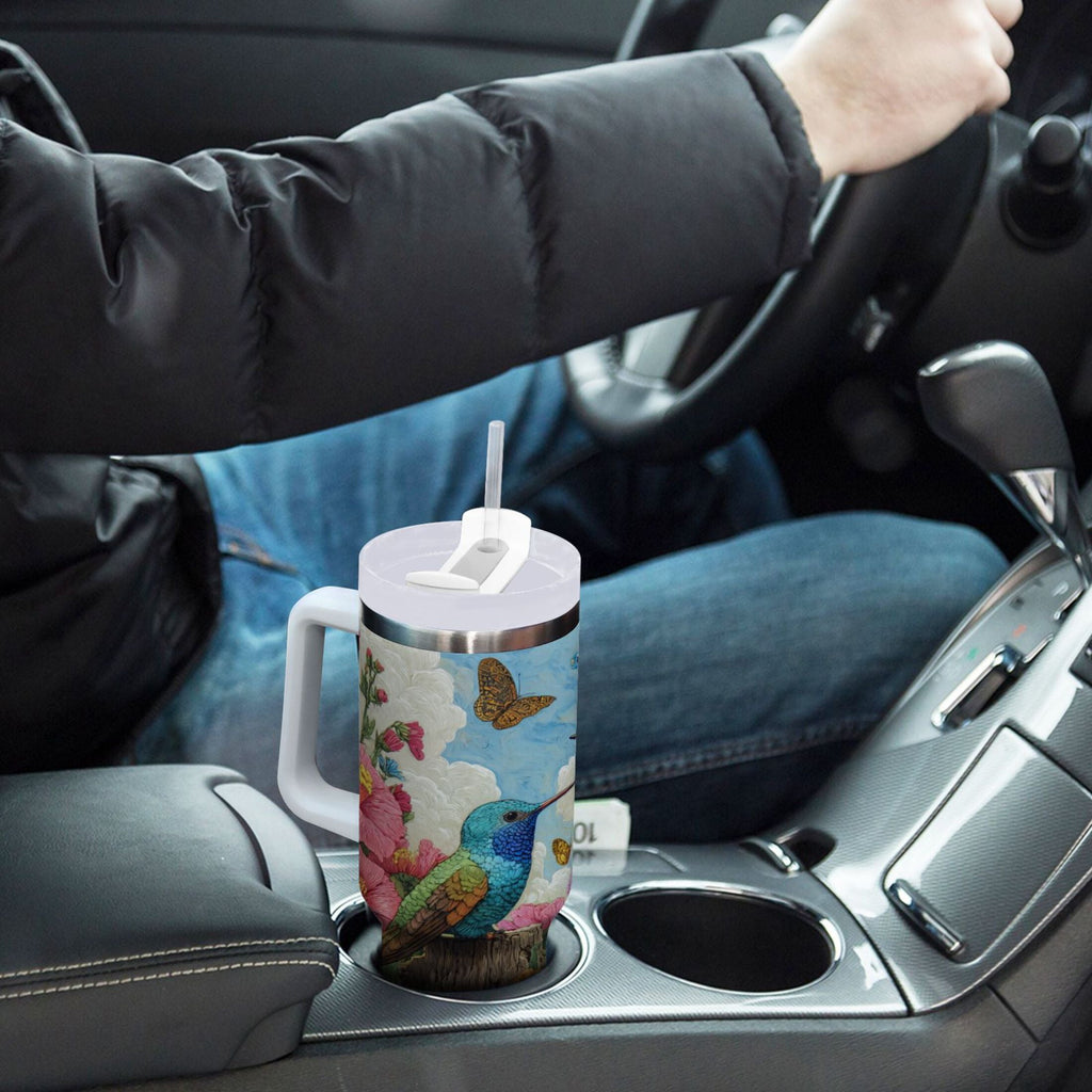 30 oz Insulated Stainless Steel Tumbler Double Wall Stainless Steel Tumbler with 2-Way Drinking Hummingbirds and Flowers - P5NS