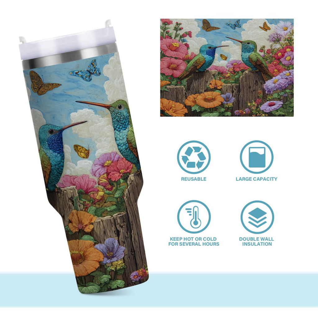 30 oz Insulated Stainless Steel Tumbler Double Wall Stainless Steel Tumbler with 2-Way Drinking Hummingbirds and Flowers - P5NS