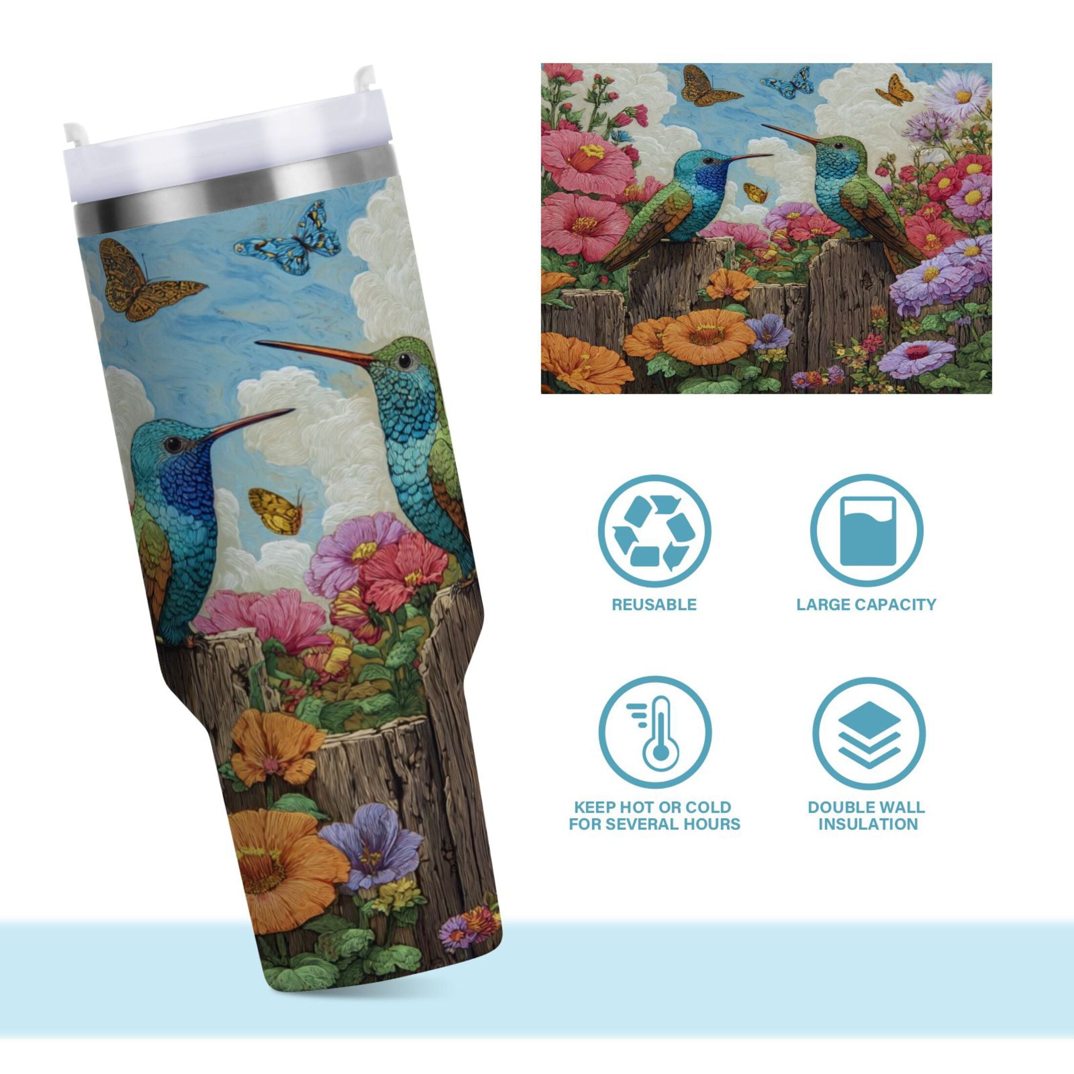 30 oz Insulated Stainless Steel Tumbler Double Wall Stainless Steel Tumbler with 2-Way Drinking Hummingbirds and Flowers - P5NS