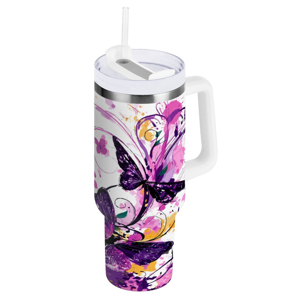 40 oz Insulated Stainless Steel Tumbler Double Wall Stainless Steel Tumbler with 2-Way Drinking Purple Butterfly - 4B3N