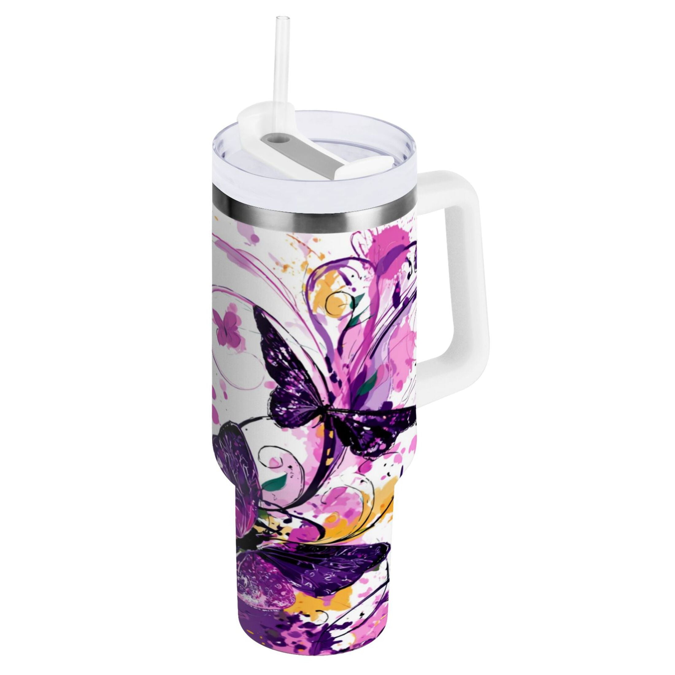 40 oz Insulated Stainless Steel Tumbler Double Wall Stainless Steel Tumbler with 2-Way Drinking Purple Butterfly - 4B3N