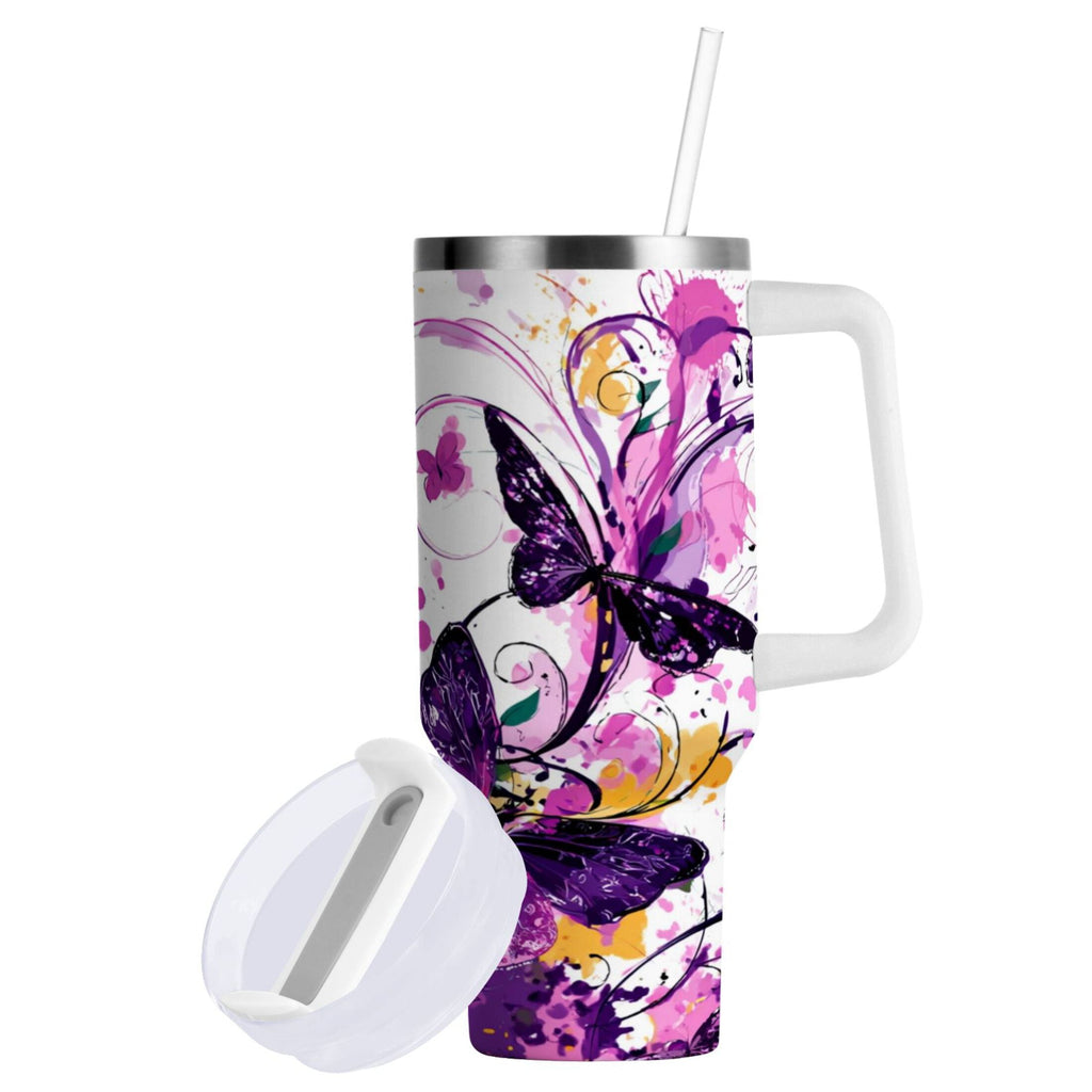 40 oz Insulated Stainless Steel Tumbler Double Wall Stainless Steel Tumbler with 2-Way Drinking Purple Butterfly - 4B3N