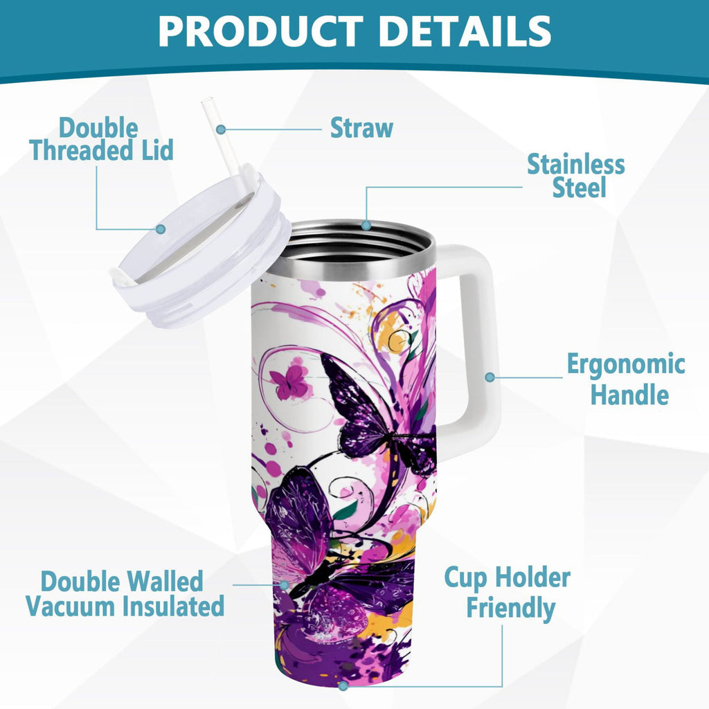 40 oz Insulated Stainless Steel Tumbler Double Wall Stainless Steel Tumbler with 2-Way Drinking Purple Butterfly - 4B3N