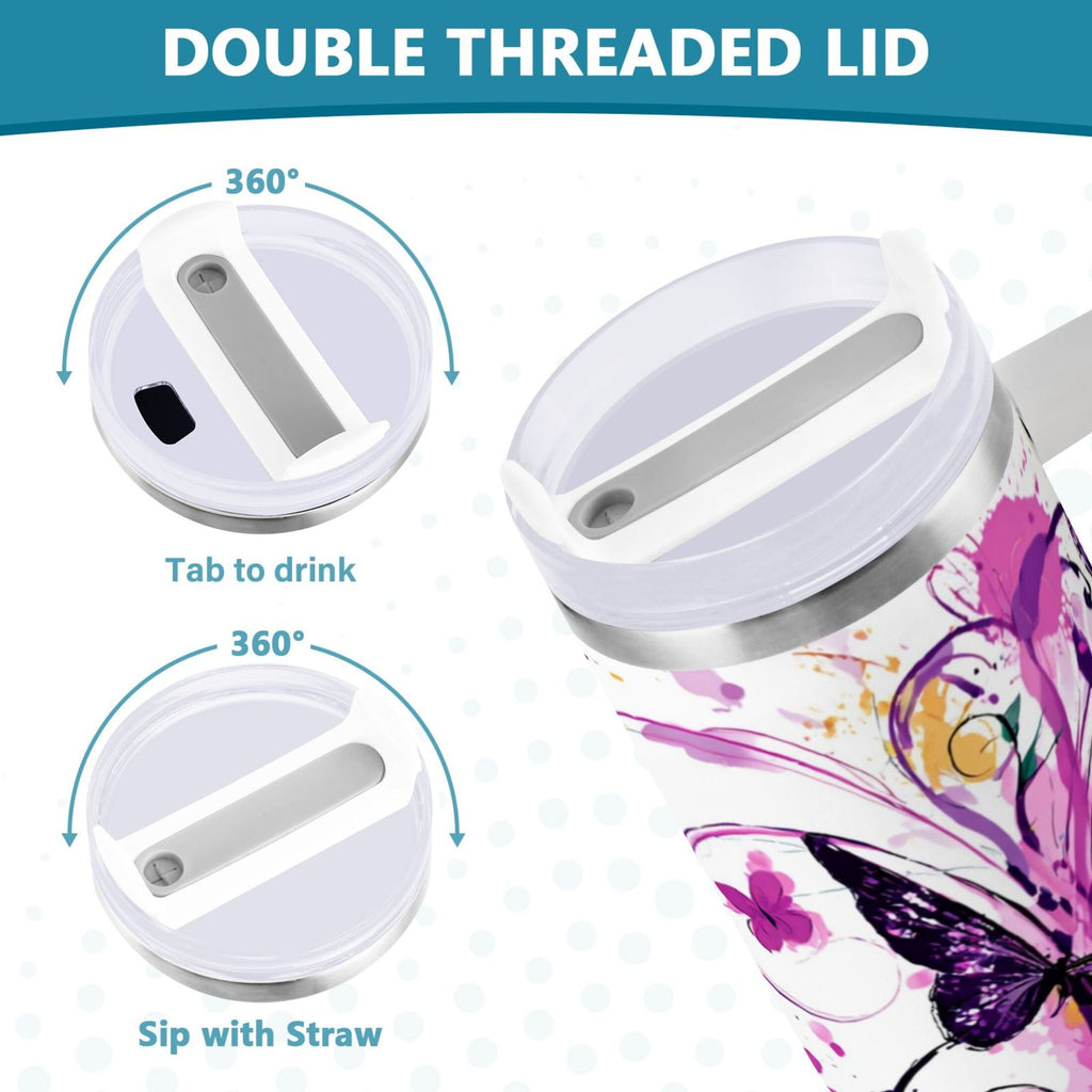 40 oz Insulated Stainless Steel Tumbler Double Wall Stainless Steel Tumbler with 2-Way Drinking Purple Butterfly - 4B3N