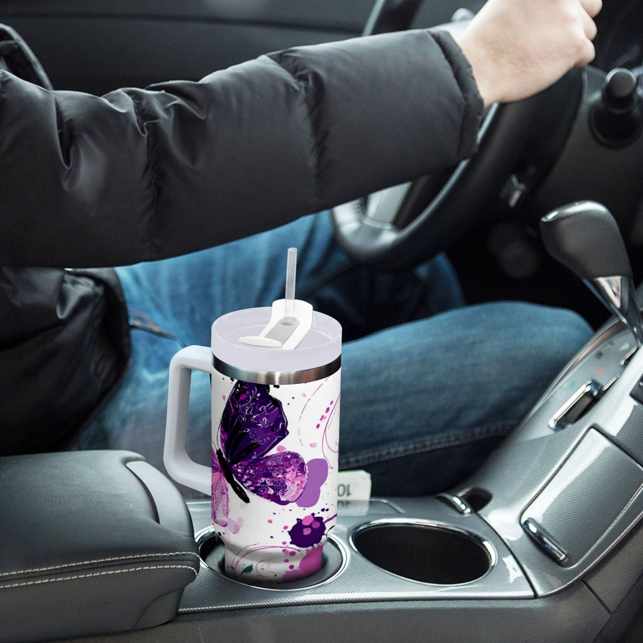 40 oz Insulated Stainless Steel Tumbler Double Wall Stainless Steel Tumbler with 2-Way Drinking Purple Butterfly - 4B3N