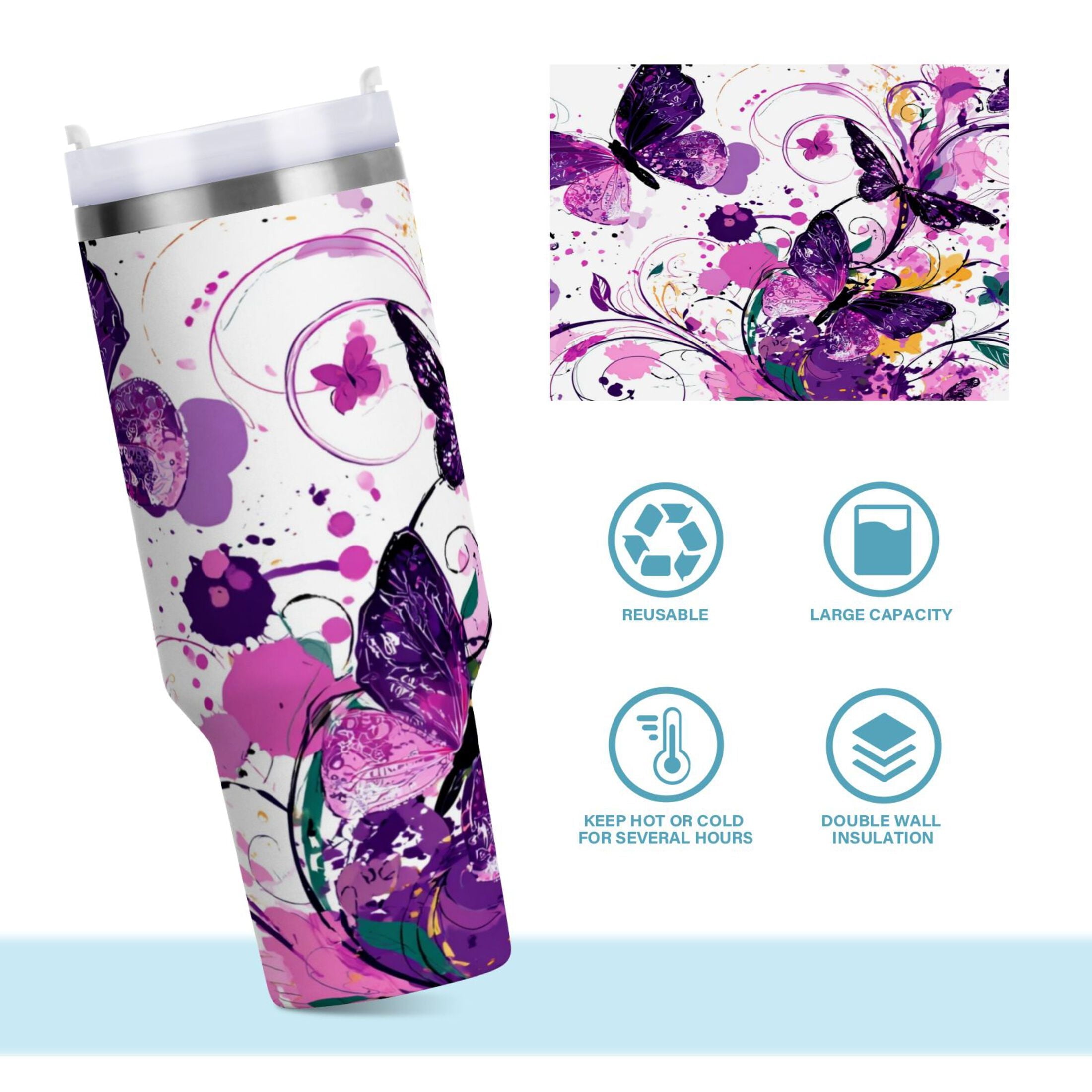40 oz Insulated Stainless Steel Tumbler Double Wall Stainless Steel Tumbler with 2-Way Drinking Purple Butterfly - 4B3N